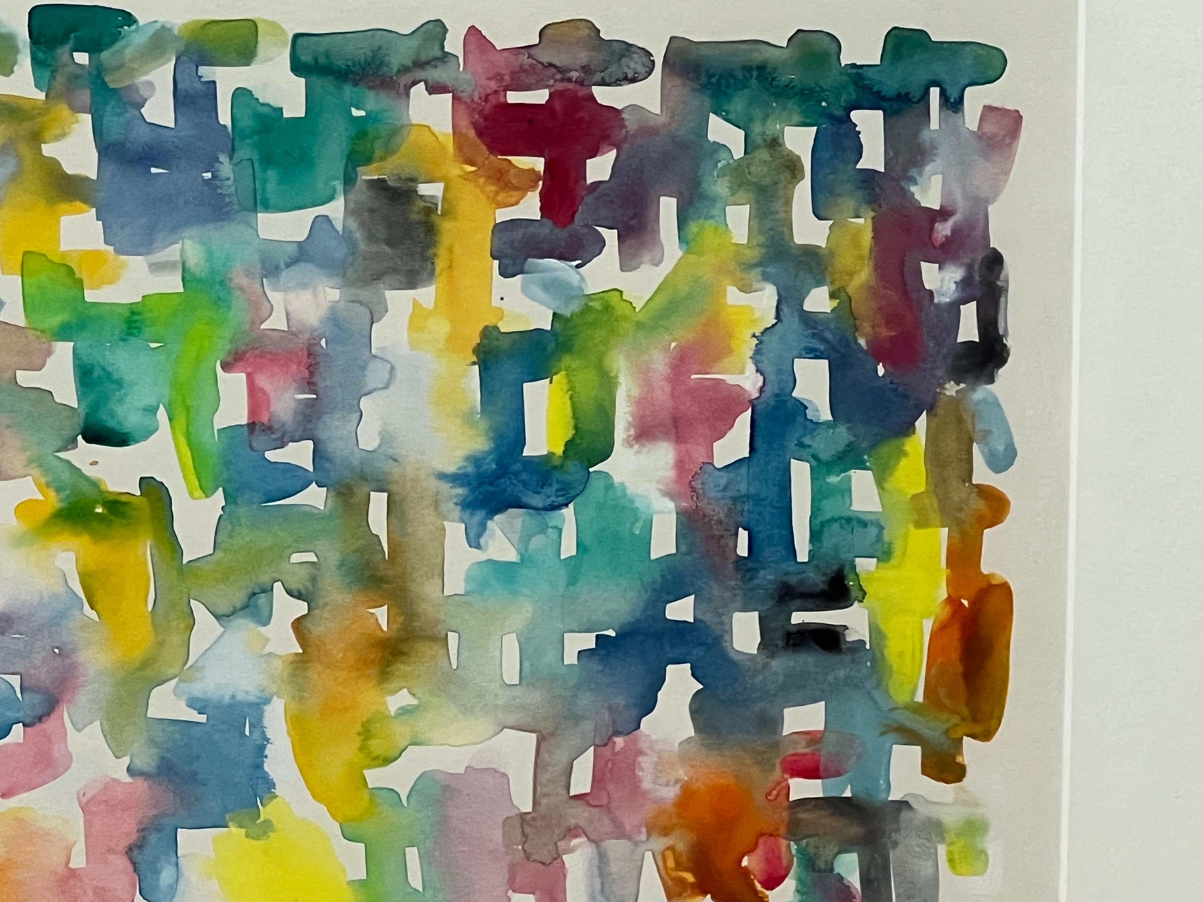 This abstract watercolor by Aubrey Penny features yellow, pink, blue, and navy thick paint lines intertwined in a beyond-comprehension way. The overall impression is peaceful and joyful thanks to the balanced combination of warm and cold tones. It