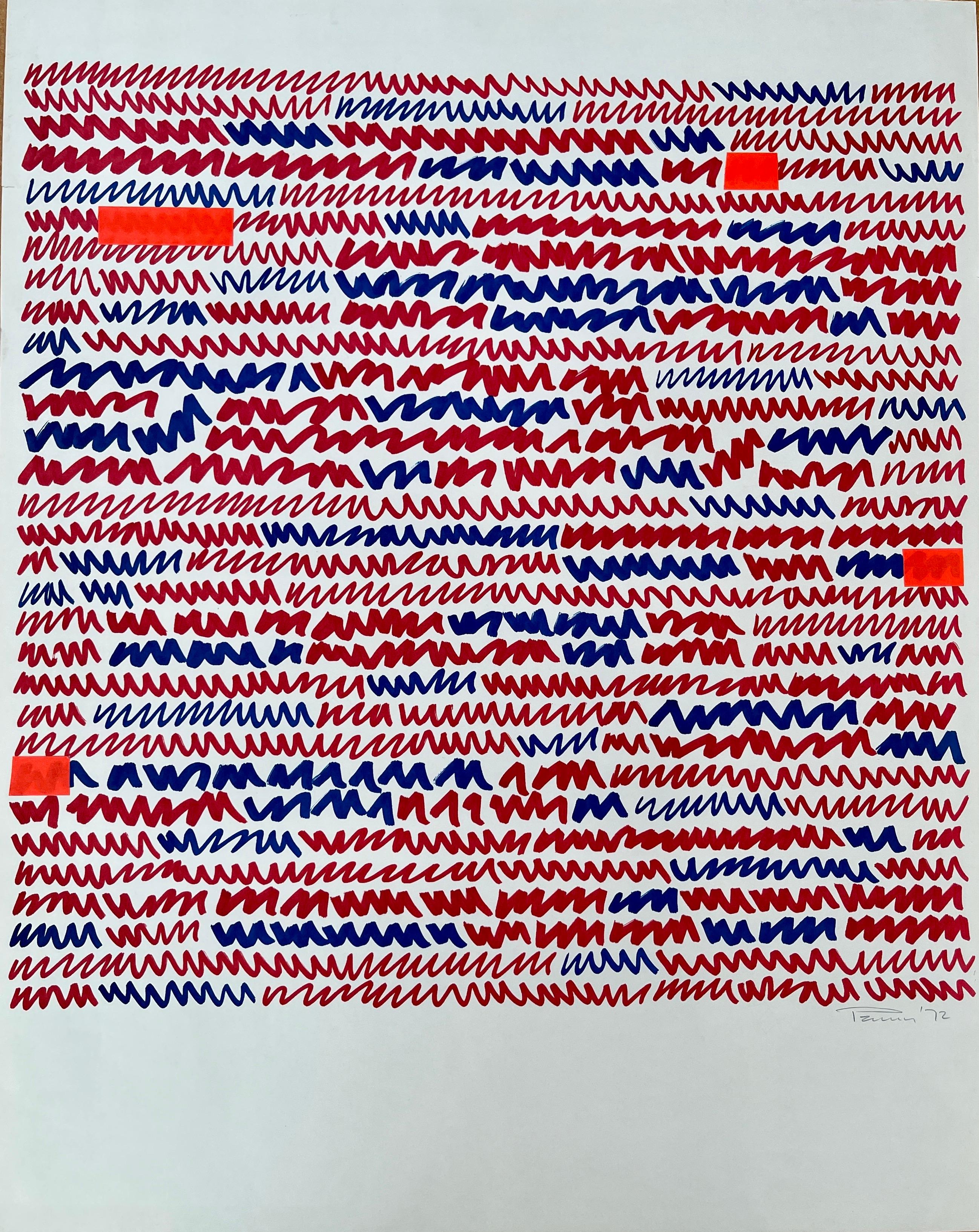 Aubrey Penny Red and Blue Marker Abstract Drawing For Sale 4