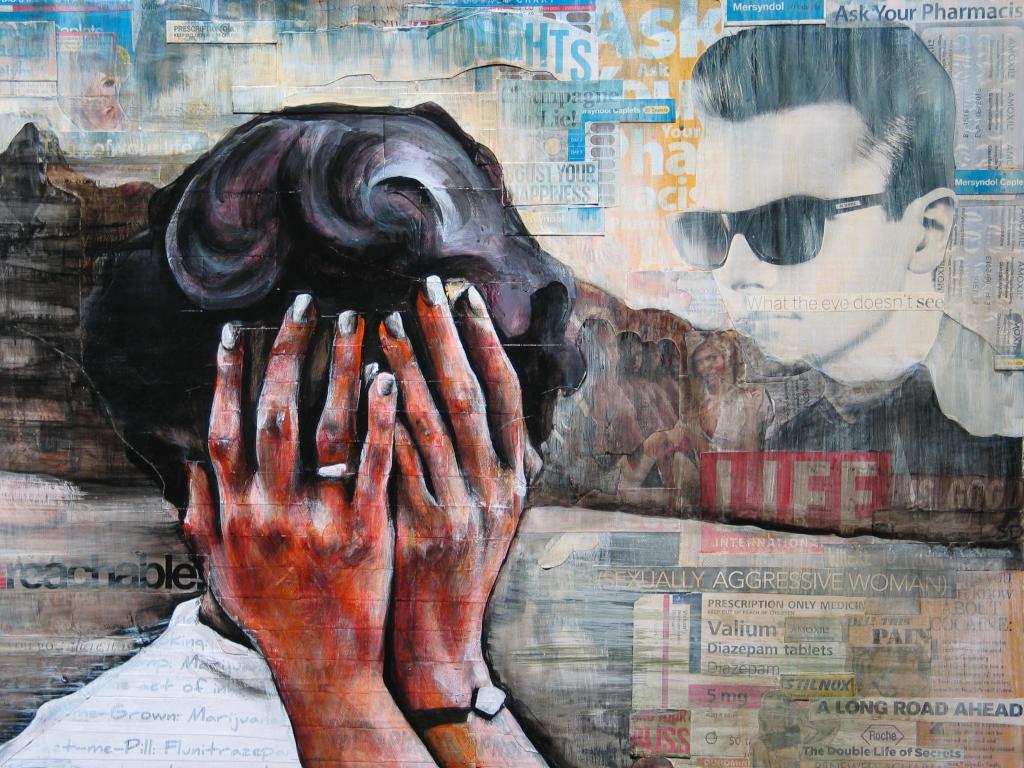 Aubrey Rhodes [Melbourne, Australia]
Here We Go Again
2013
Signed & Titled on Reverse
Acrylic, Charcoal & Collage on Canvas
28 x 40 inches

Aubrey Rhodes’ Rx series examines identity and self-perception, and the impact of pharmaceutical drugs,