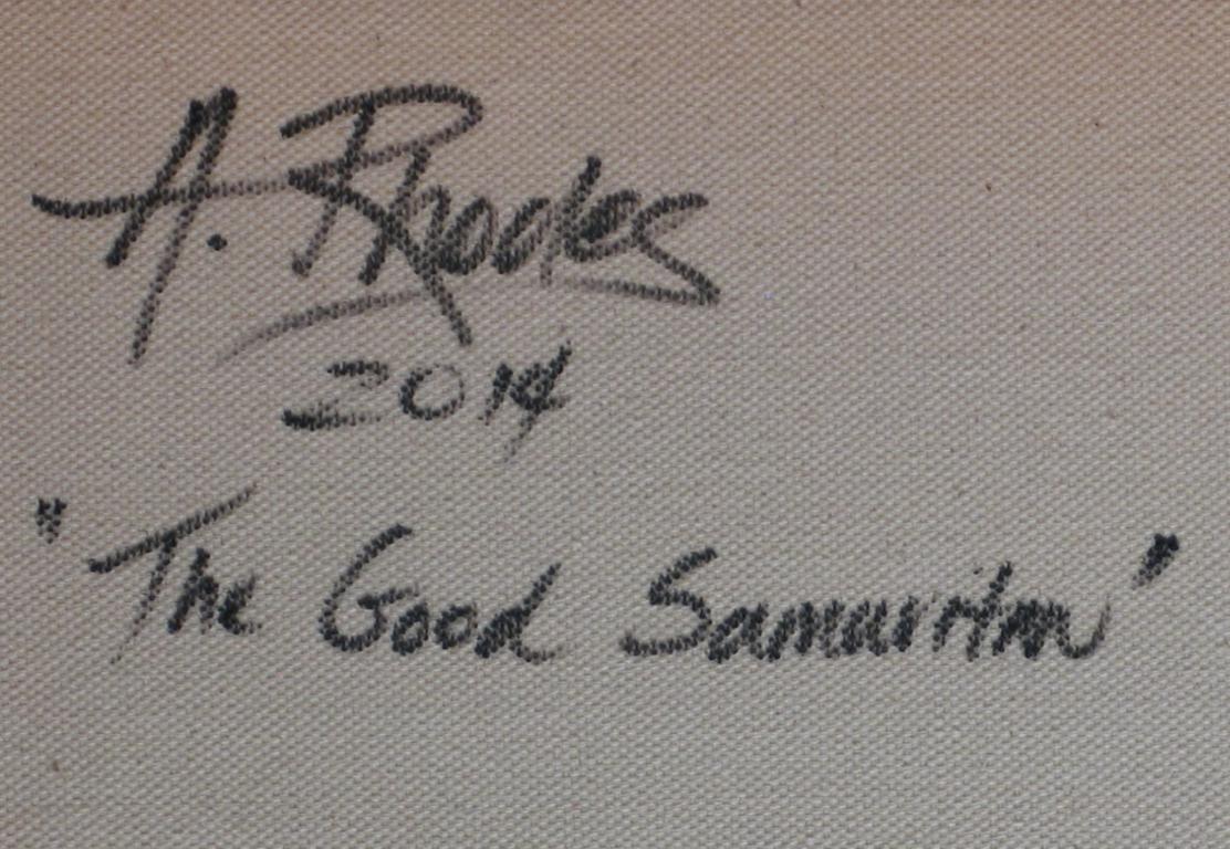 Aubrey Rhodes [Melbourne, Australia]
The Good Samaritan
(Figurative composition inspired by Yousuf Karsh)
2014
Signed, Dated & Titled on Reverse
Acrylic, Charcoal & Collage on Canvas
24 x 30 inches

Aubrey Rhodes’ Rx series examines identity and