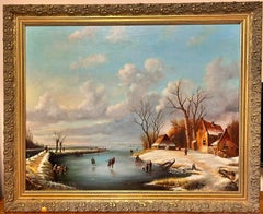 Classical Dutch Winter Village Scene Ice Skating on Lake Signed Oil Painting