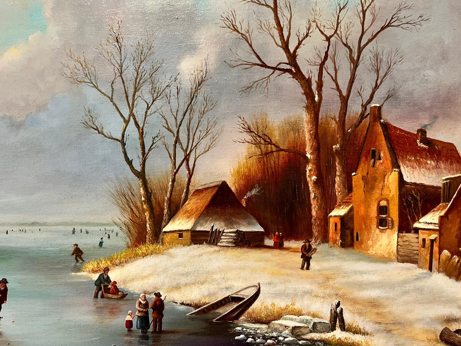 Classical Dutch Winter Village Scene Ice Skating on Lake Signed Oil Painting For Sale 1