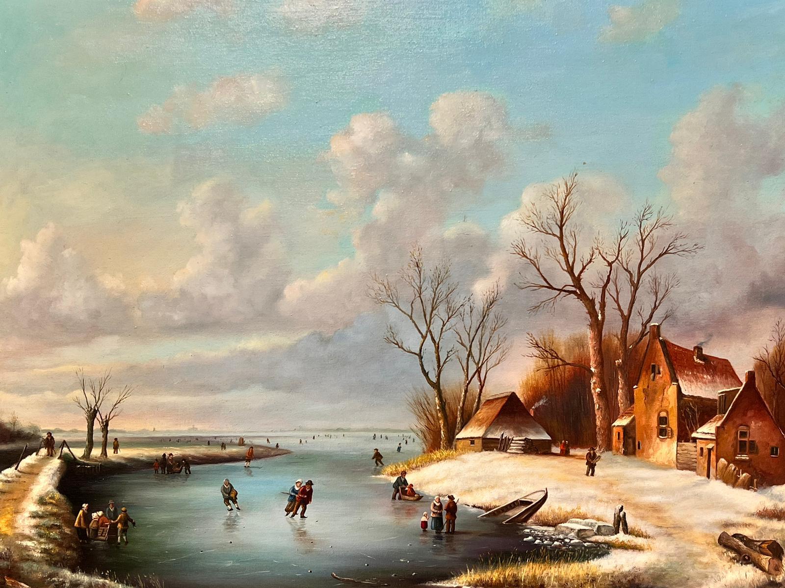 Pintura al óleo clásica holandesa con escena de pueblo invernal patinando sobre hielo en un lago firmada 3