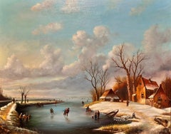 Retro Classical Dutch Winter Village Scene Ice Skating on Lake Signed Oil Painting