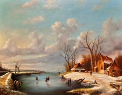 Pintura al óleo clásica holandesa con escena de pueblo invernal patinando sobre hielo en un lago firmada