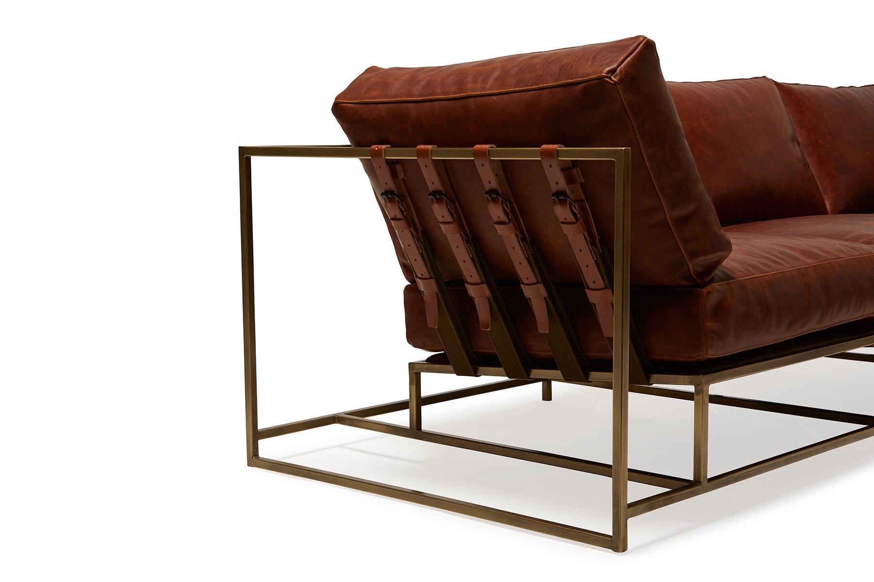 Modern Auburn Leather and Antique Brass Sofa For Sale