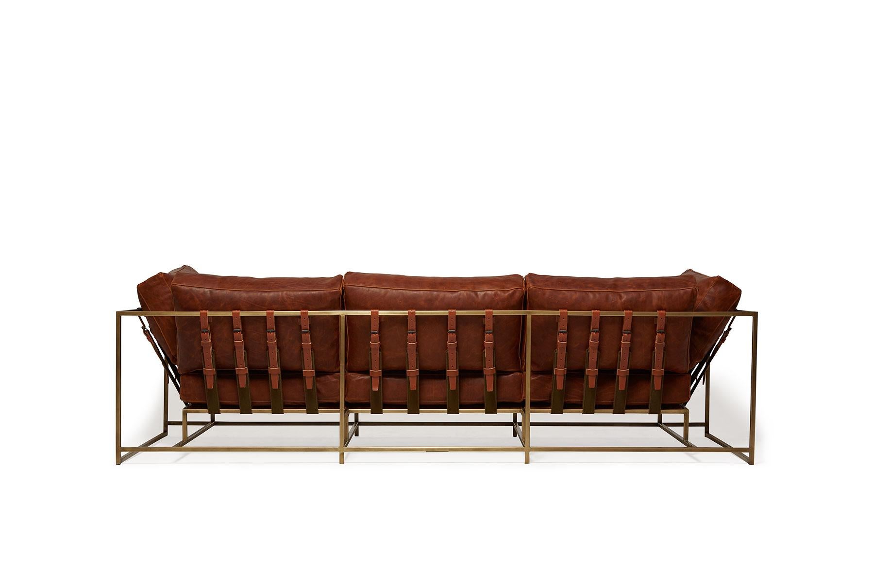 American Auburn Leather and Antique Brass Sofa For Sale