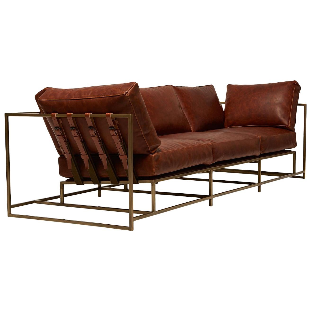 Auburn Leather and Antique Brass Sofa For Sale