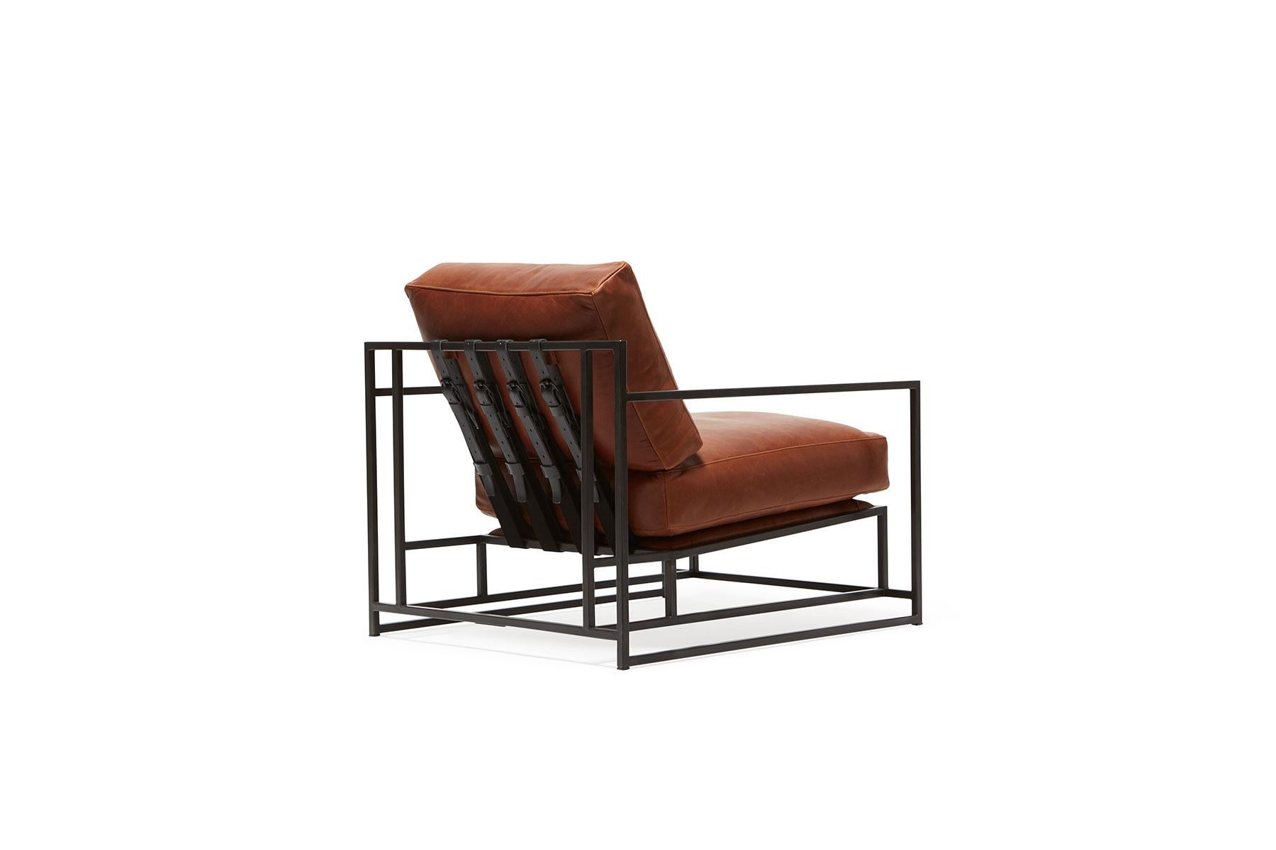 Modern Auburn Leather and Blackened Steel Armchair For Sale