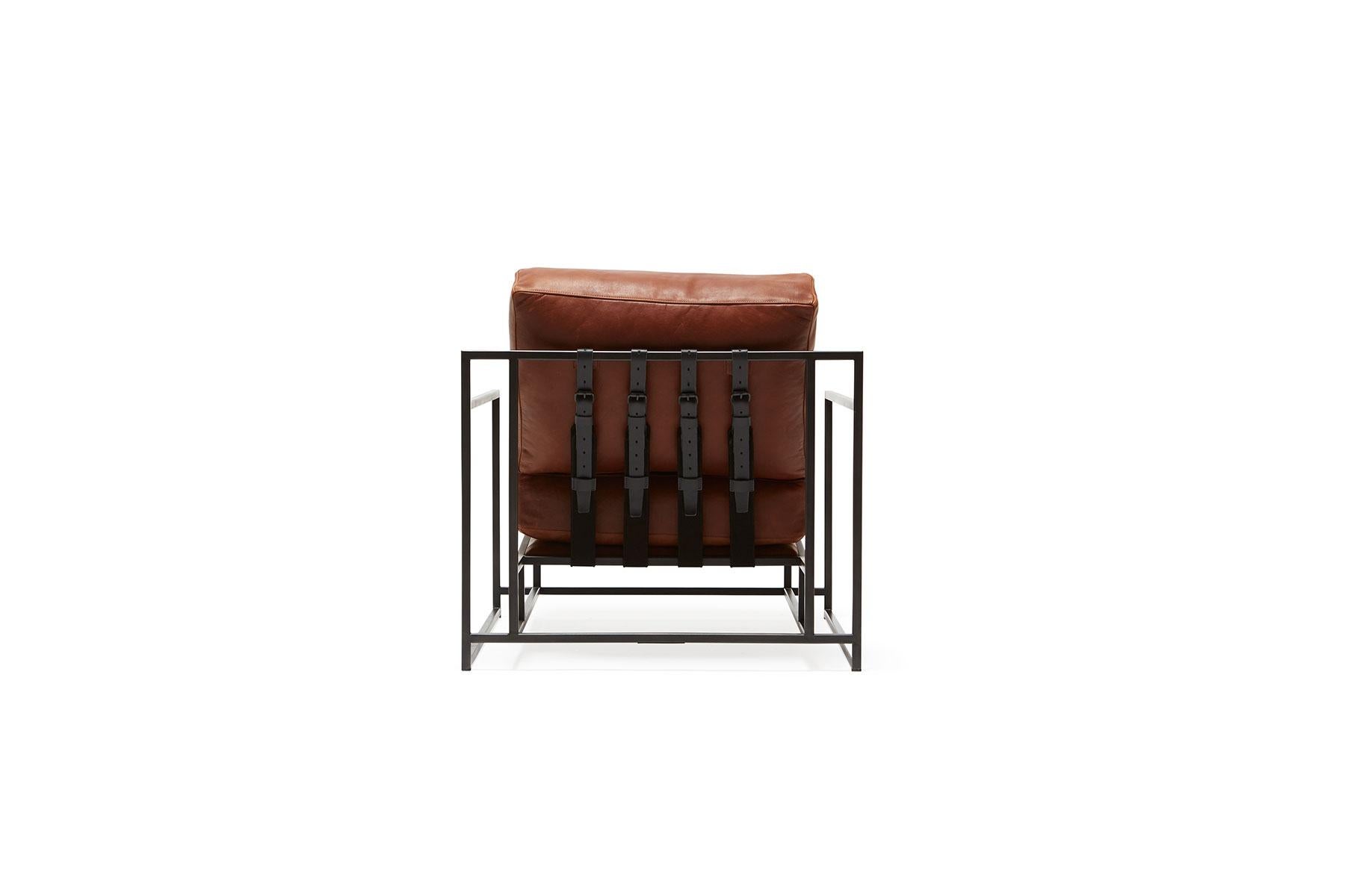 American Auburn Leather and Blackened Steel Armchair For Sale