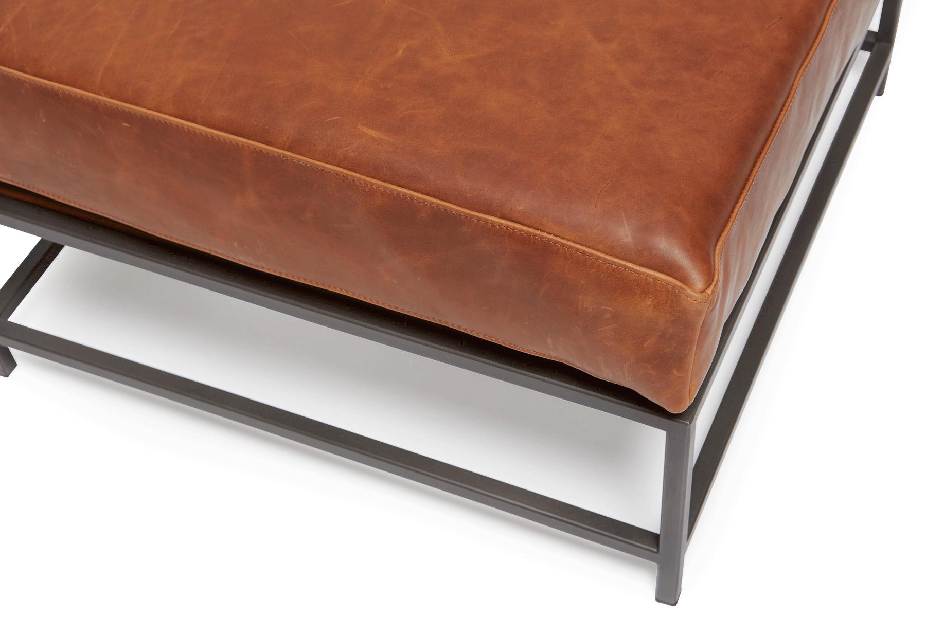 Auburn Leather and Blackened Steel Ottoman In New Condition For Sale In Los Angeles, CA