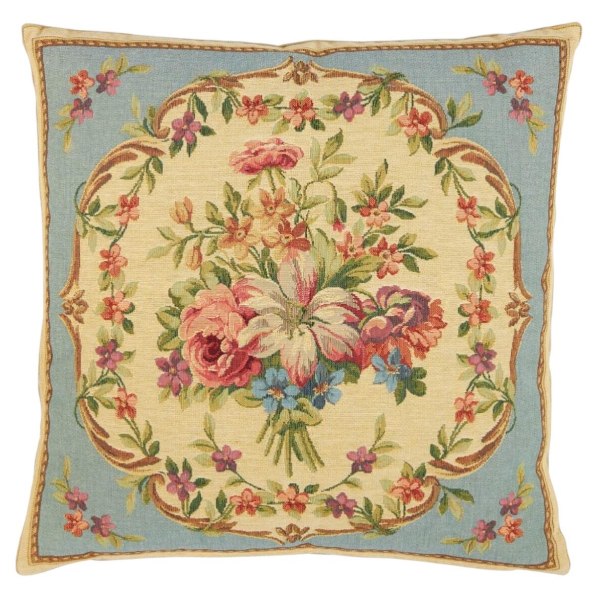 Aubusson Bouquet Blue Tapestry Cushion with Feather Filler - 18" x 18"