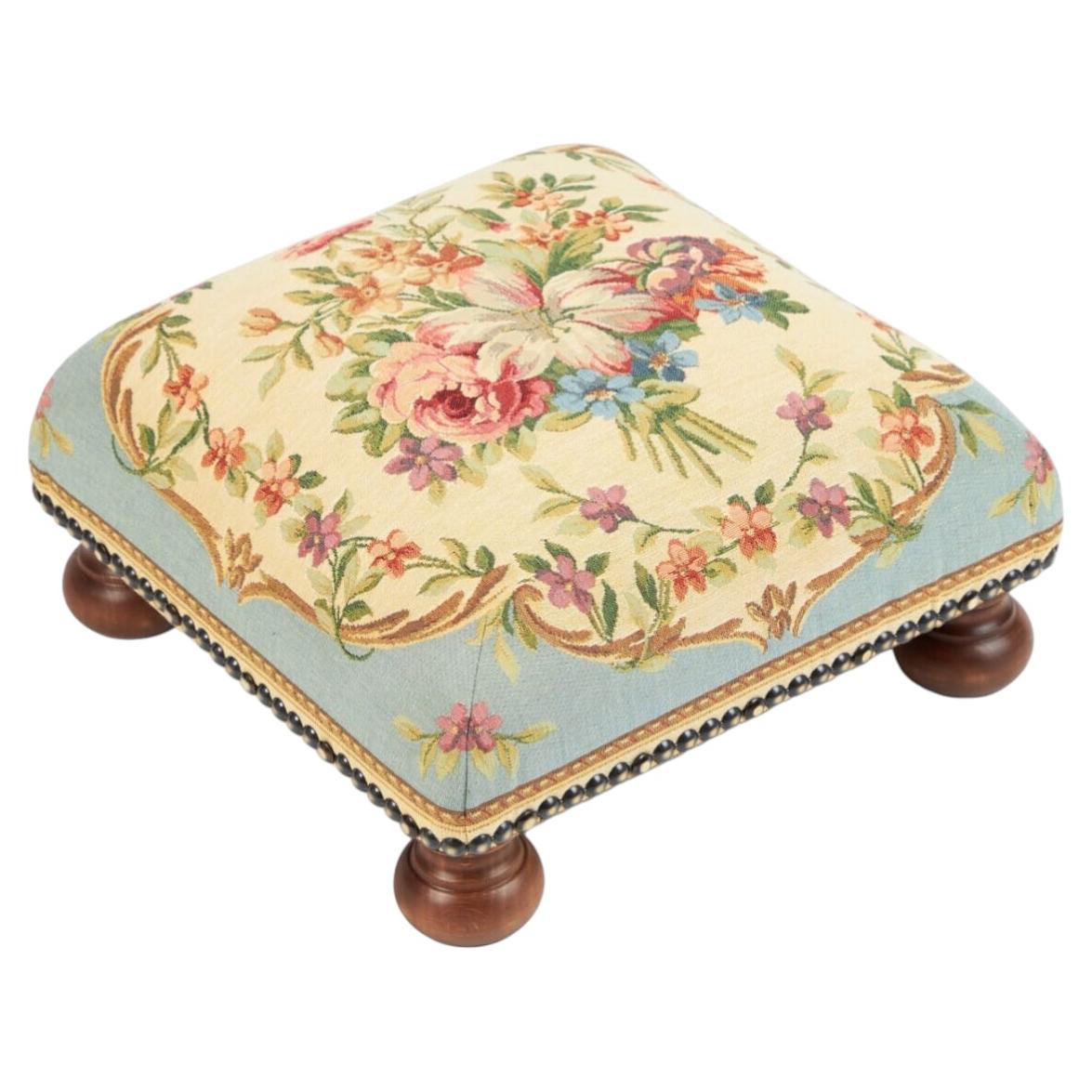 Aubusson Bouquet Blue Tapestry Footstool For Sale