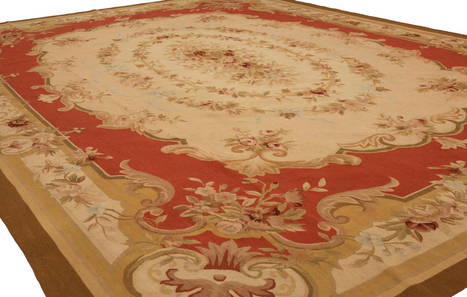 Hand-Knotted Aubusson Chinese Flat-Weave Rug with Floral Deisgn, 21st Century