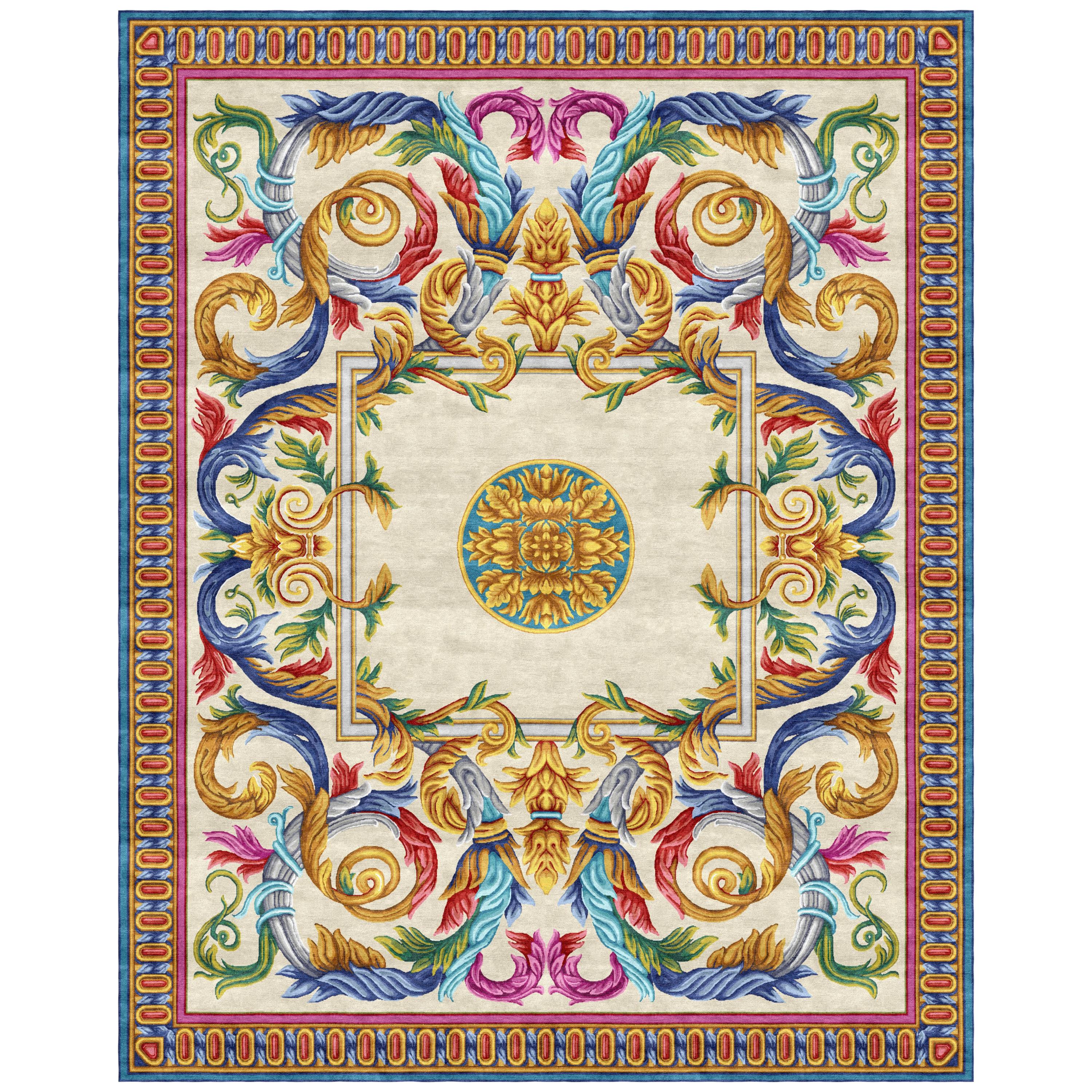 Aubusson Heraldy Floral Grotesque - Multicolor Luxury Hand Knotted Wool Silk Rug