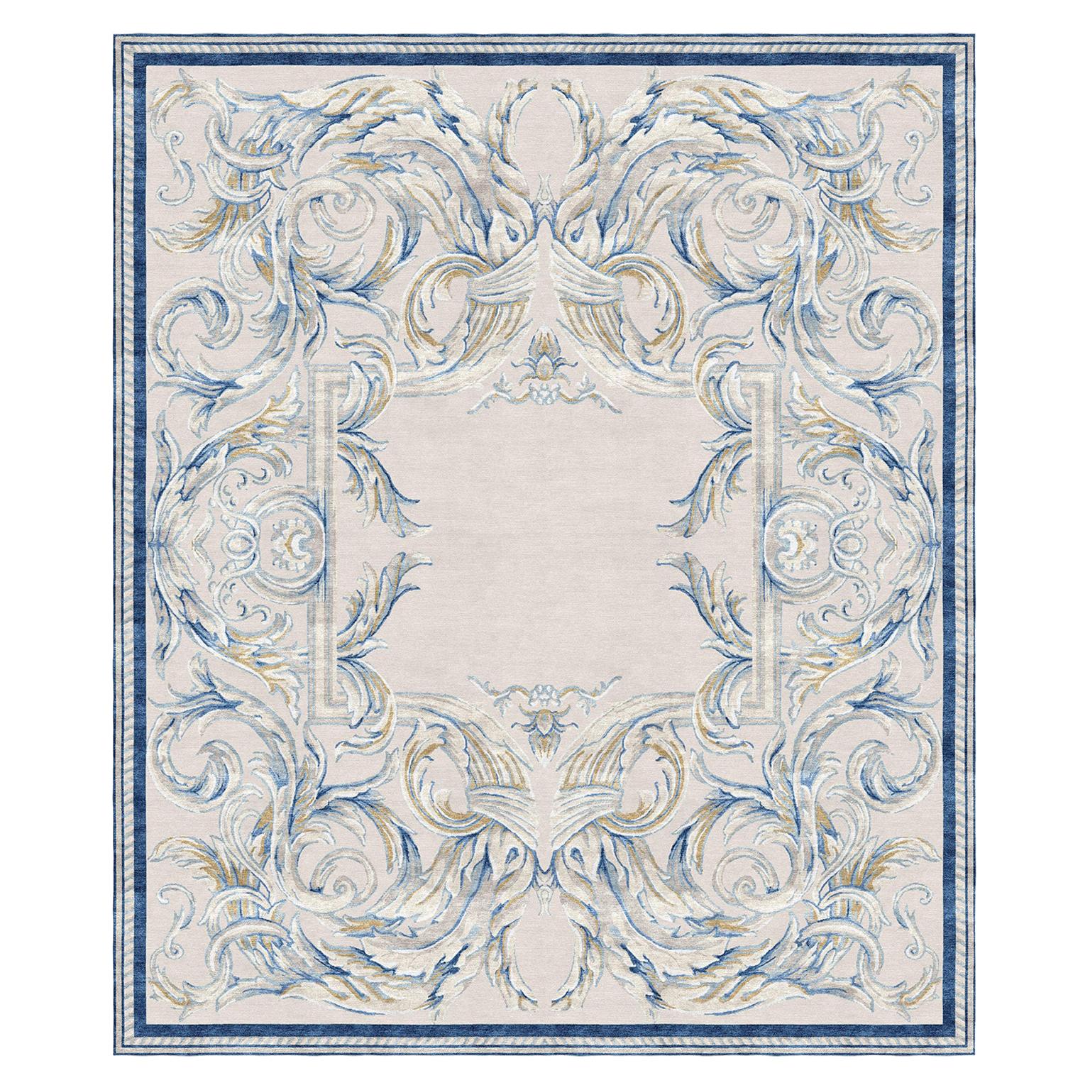Blue Beige Floral pattern Modern Classics Rug - Aubusson Heraldy Heavenly Motifs For Sale