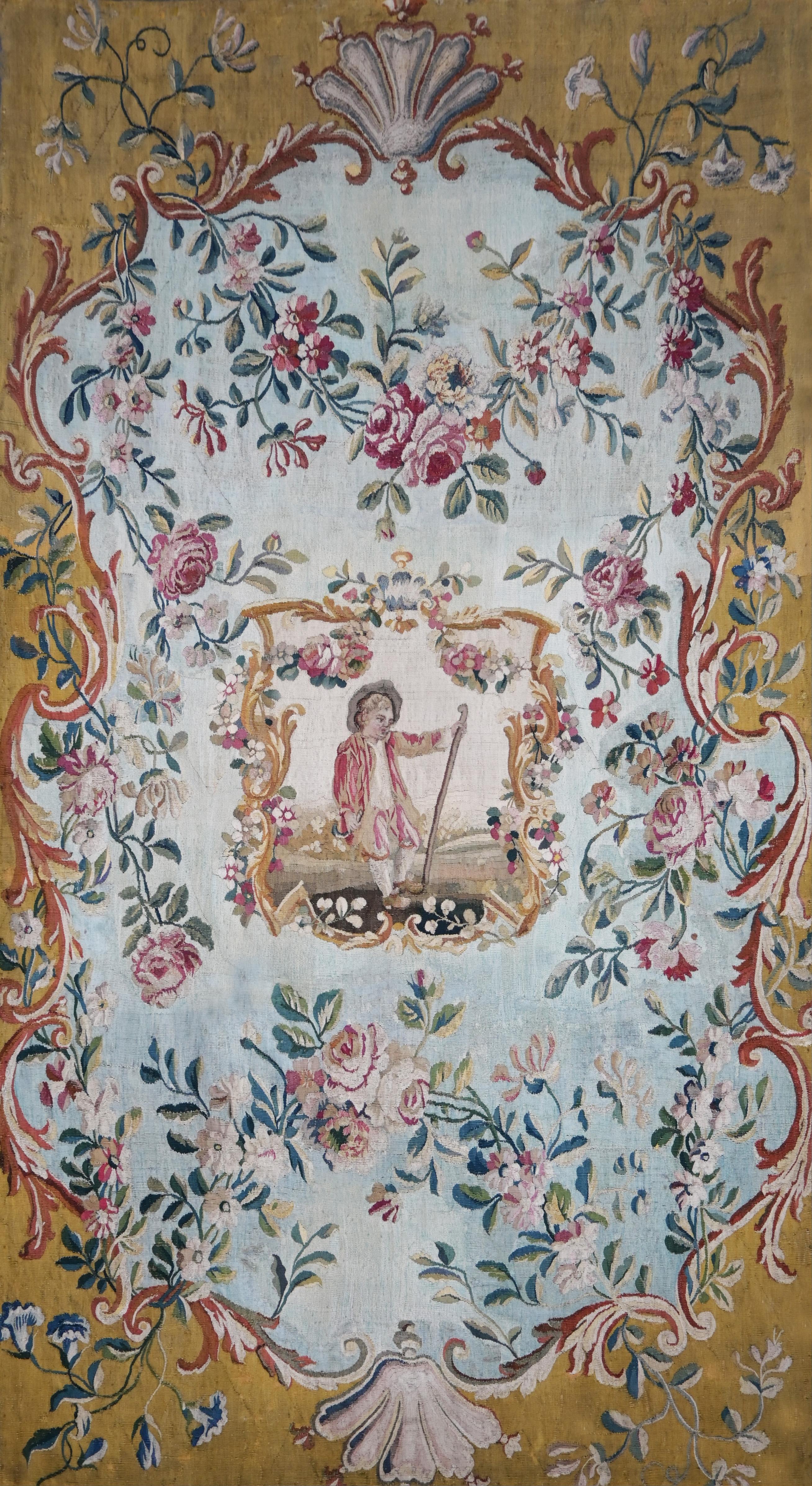French Aubusson Manufacture 18th Century Central Medallion Tapestry - W100xH200cm, 1544 For Sale