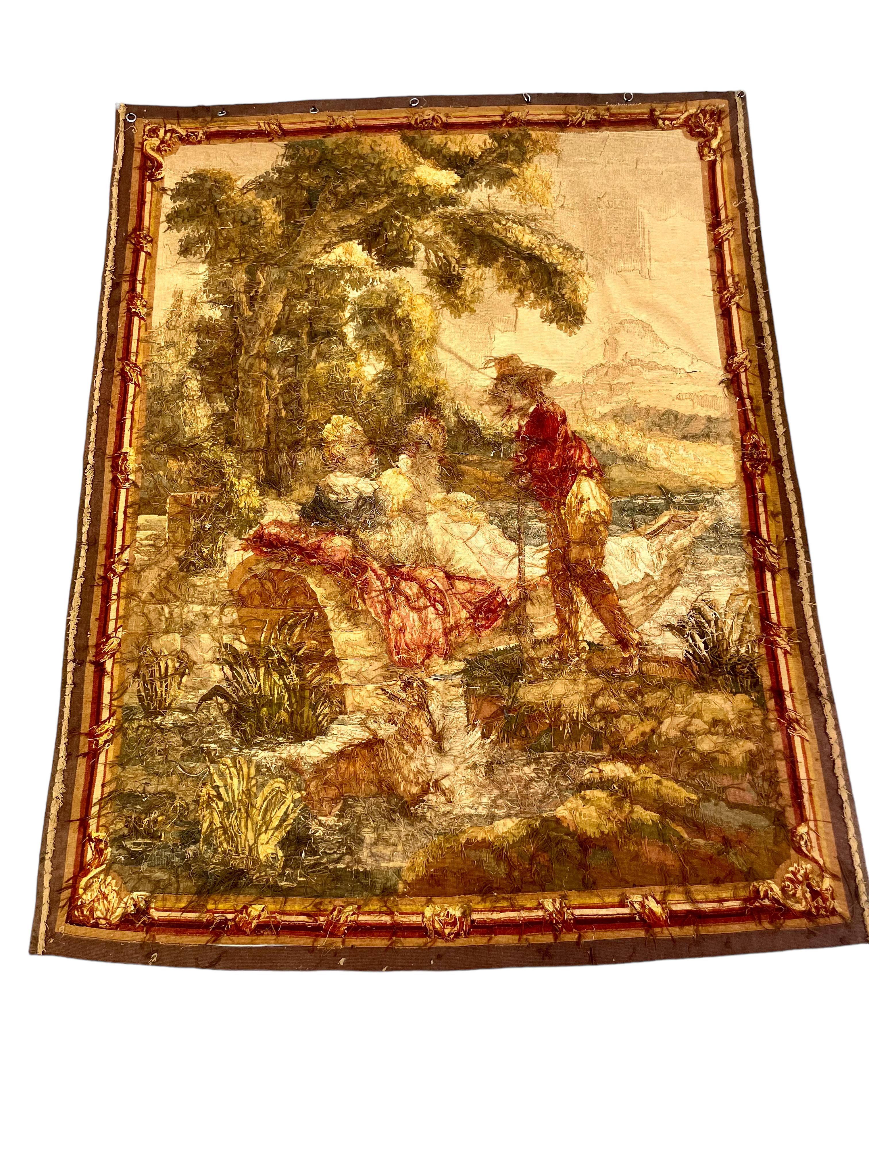 French Aubusson Pastoral Tapestry featuring a Gallant Scene, Late 19th Century For Sale 6