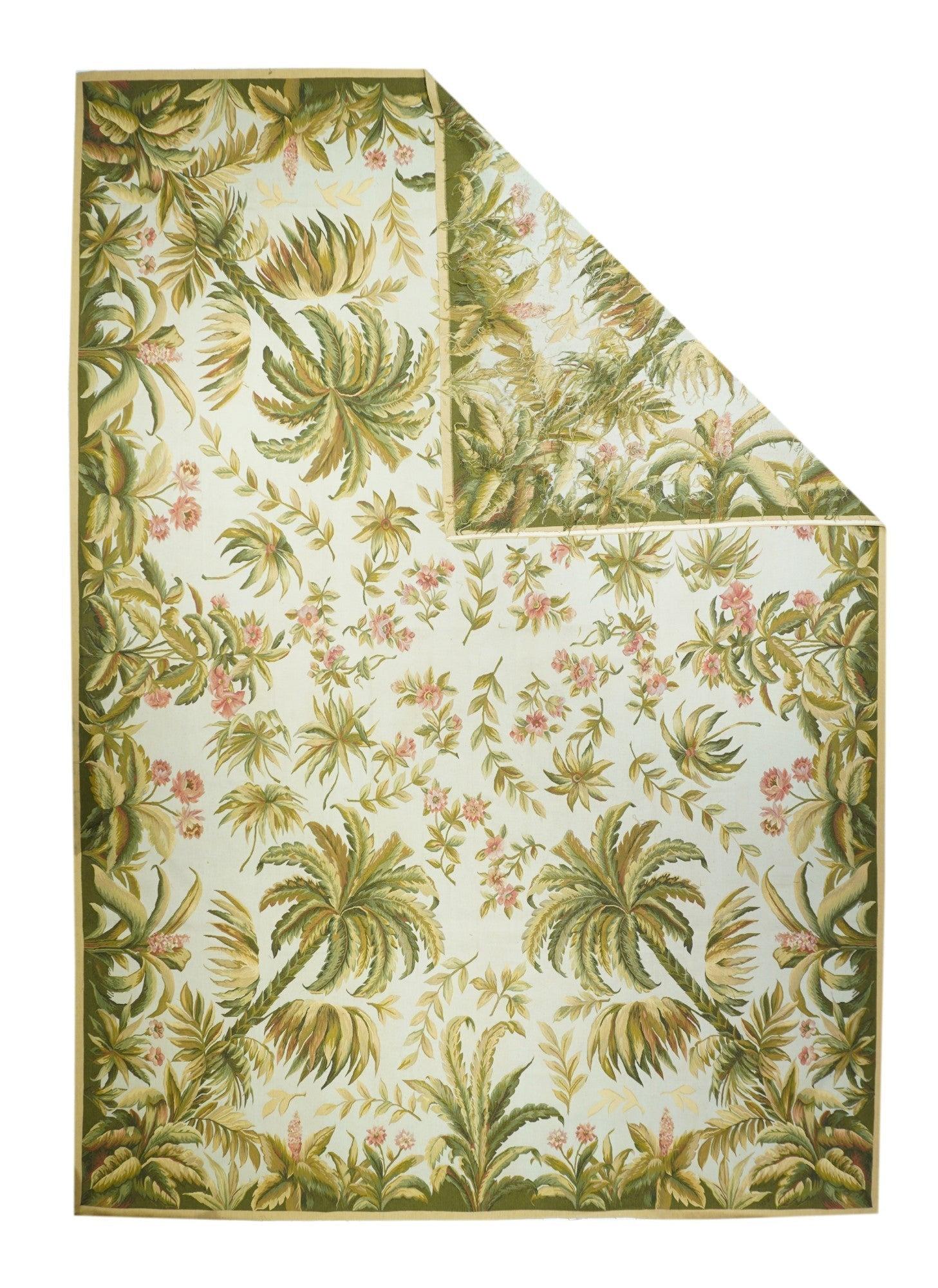 Aubusson Rug 10' x 13'11''.  Refers generally to modern carpets in tapestry technique and inspired by French Aubusson designs of the 18th and later centuries. Geometric or semi-floral. Scatters to room sizes. Recent pieces are usually Indian. Wool