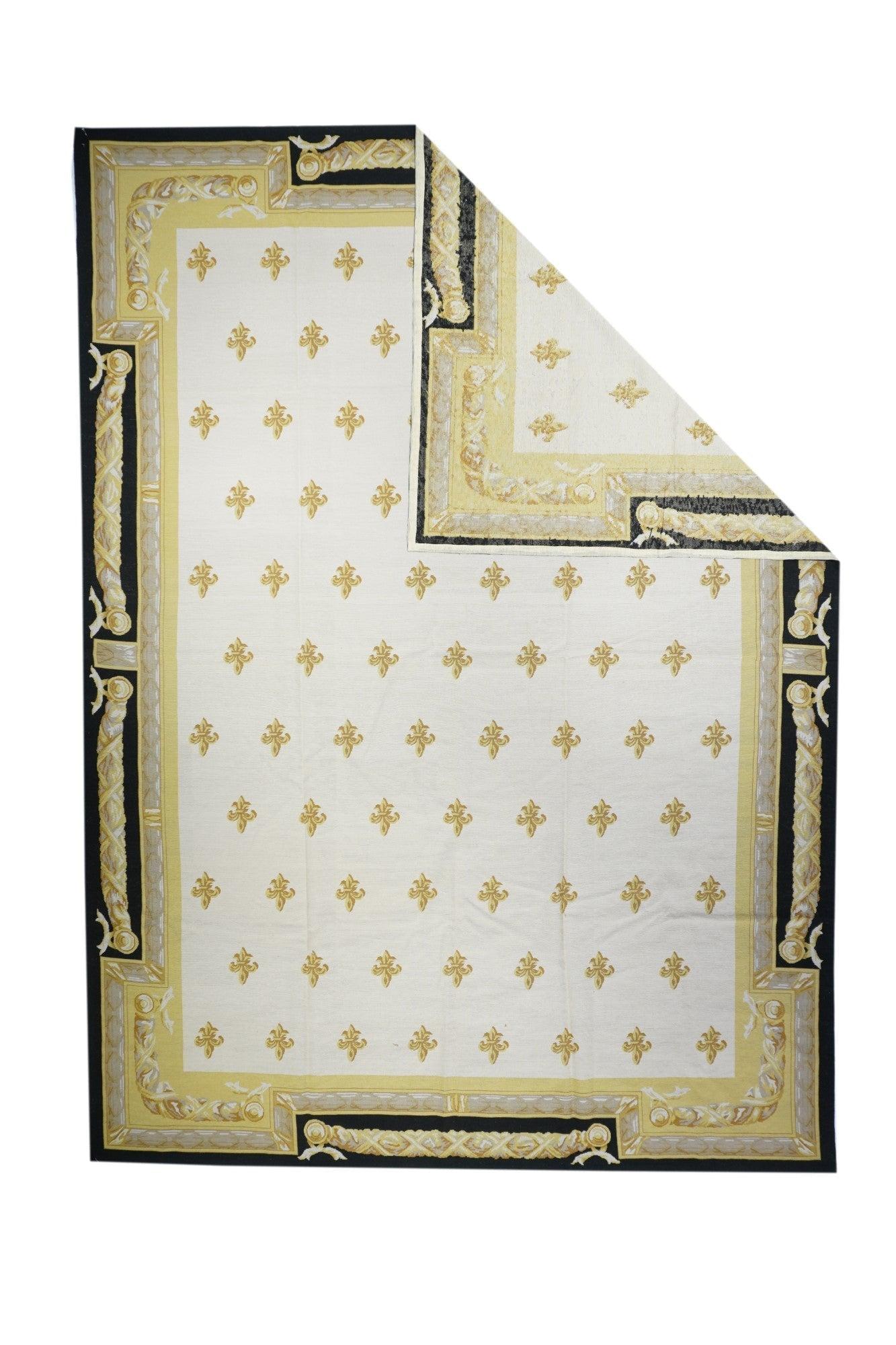 Aubusson Rug 10 x 13.9. Refers generally to modern carpets in tapestry technique and inspired by French Aubusson designs of the 18th and later centuries. Geometric or semi-floral. Scatters to room sizes. Recent pieces are usually Indian. Wool