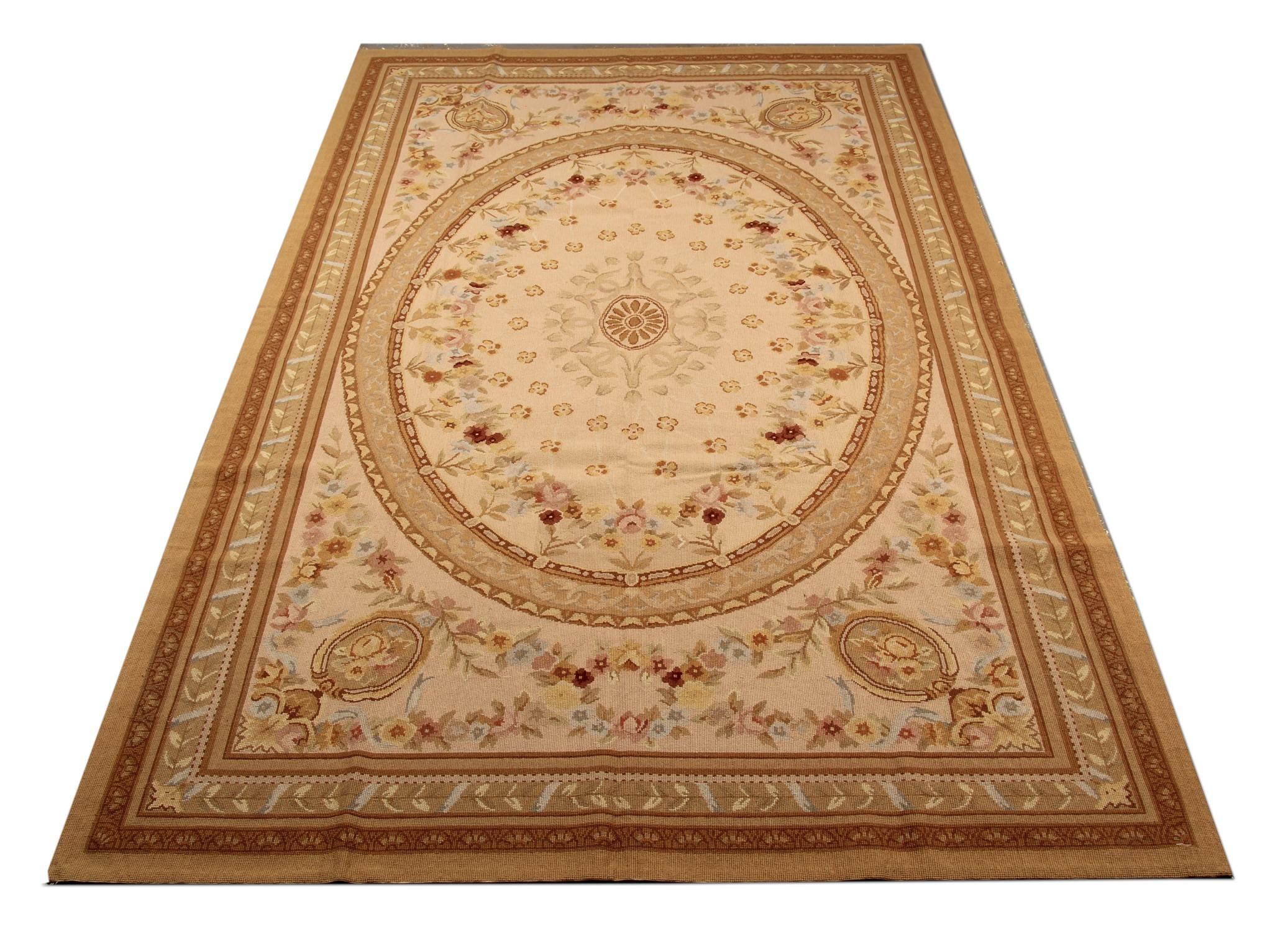 This gold rug is a very good item as living room rugs and getting most of the attention in the rug store by clients because of the colour and design. These handmade elegant Chinese Aubusson floor rugs have a soft shade of colours. These luxury rugs