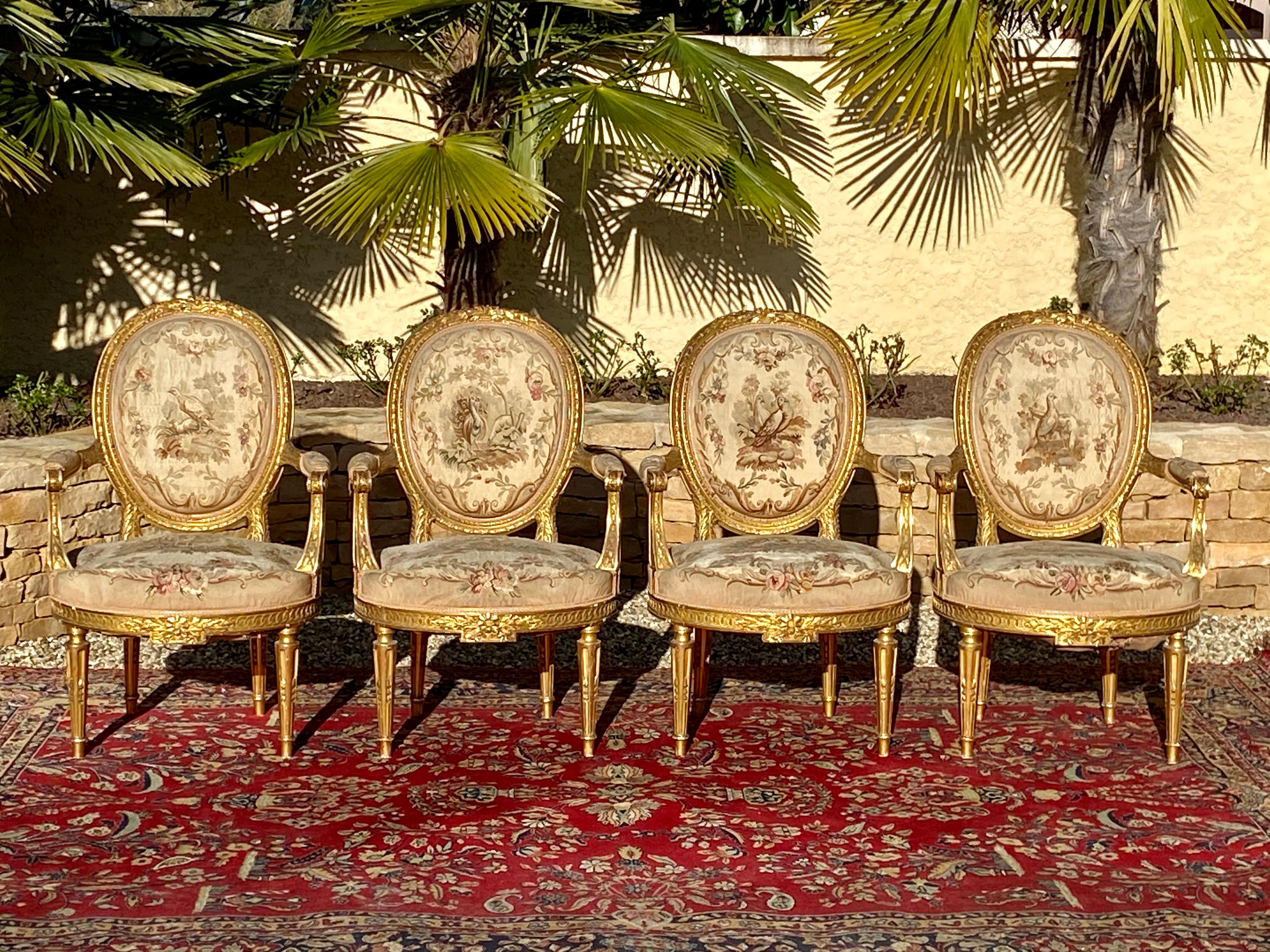Aubusson, salotto in legno dorato stile Luigi XVI / Napoleone III, XIX secolo in vendita 5