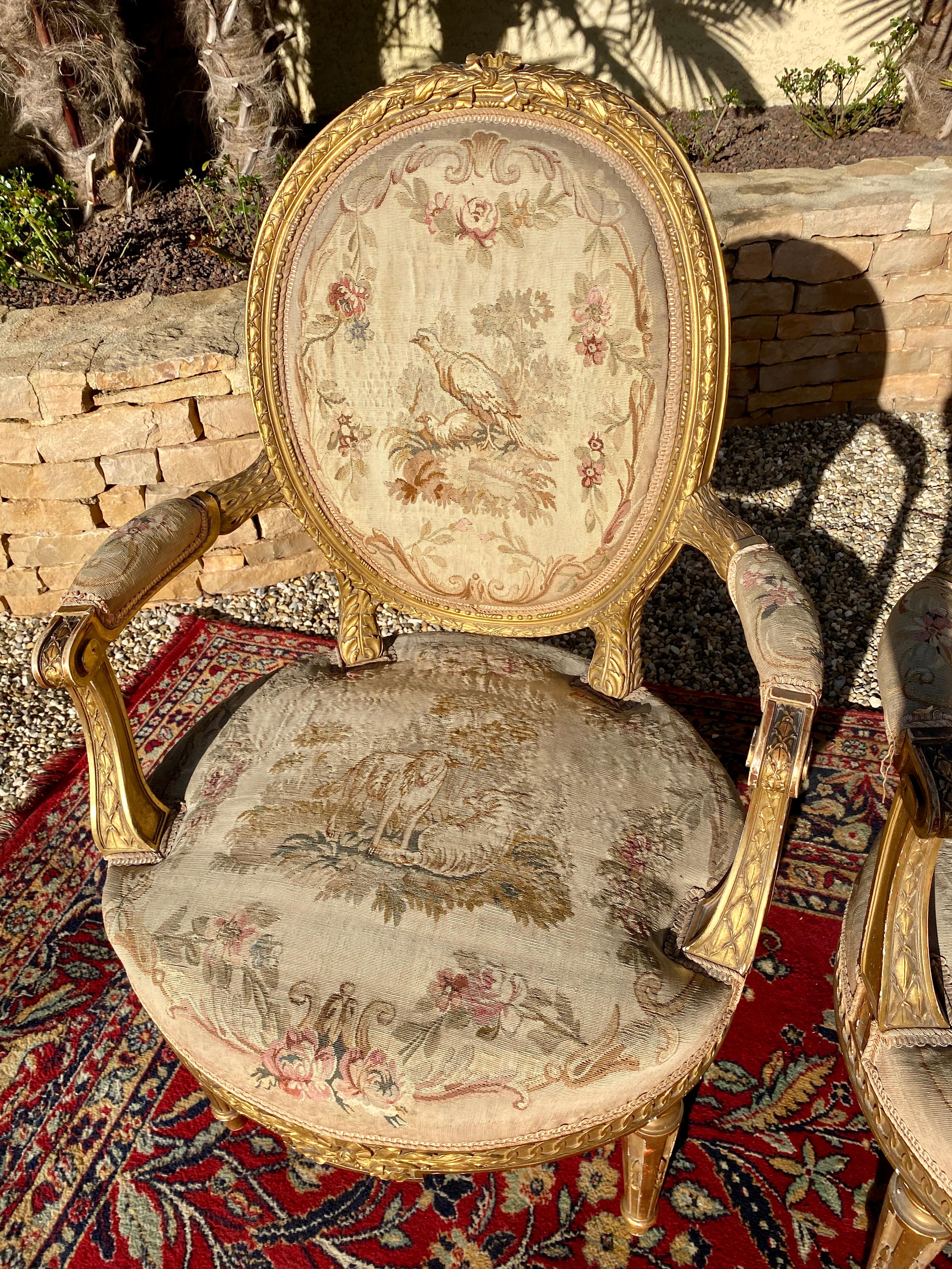 Aubusson, salotto in legno dorato stile Luigi XVI / Napoleone III, XIX secolo in vendita 6