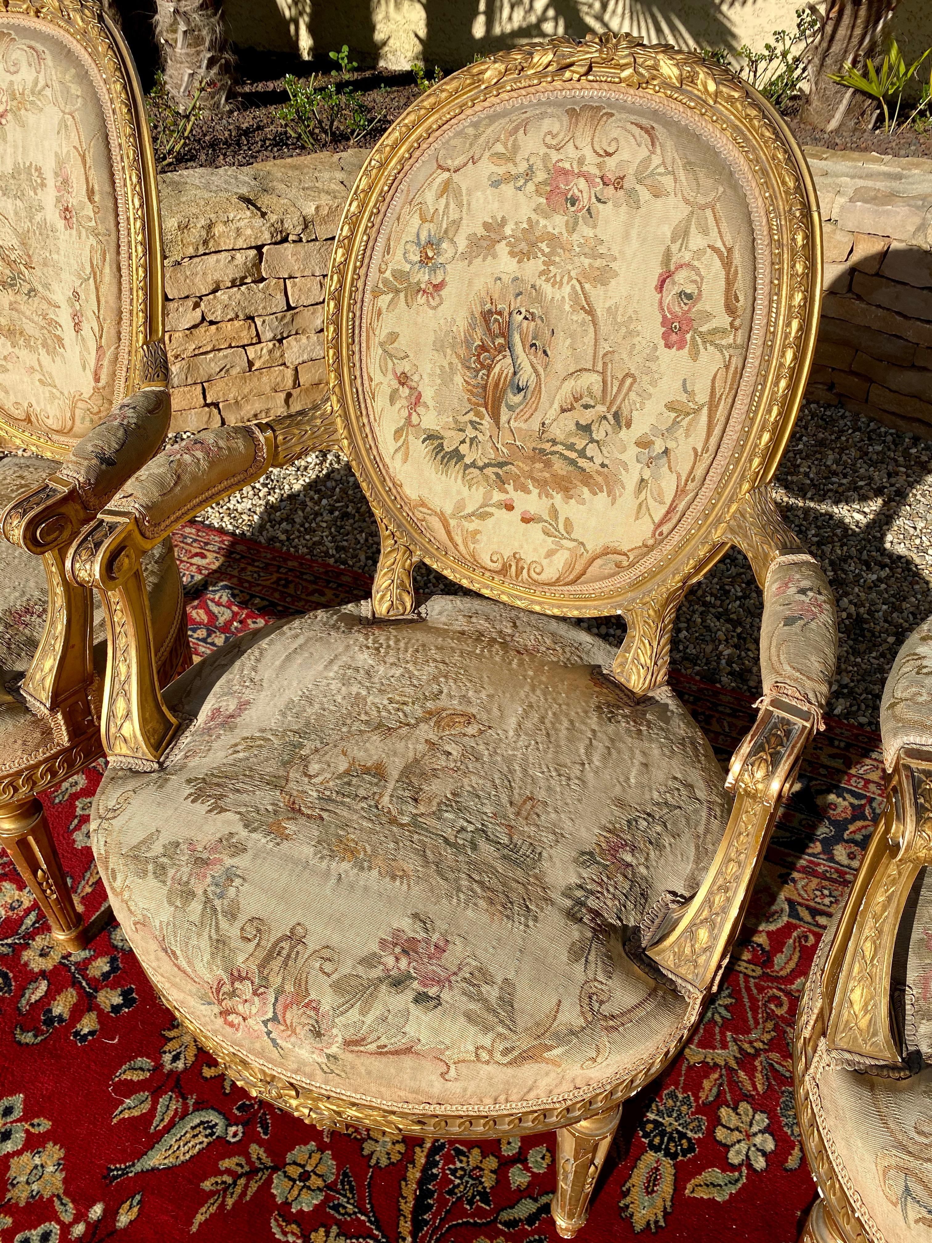 Aubusson, salotto in legno dorato stile Luigi XVI / Napoleone III, XIX secolo in vendita 7