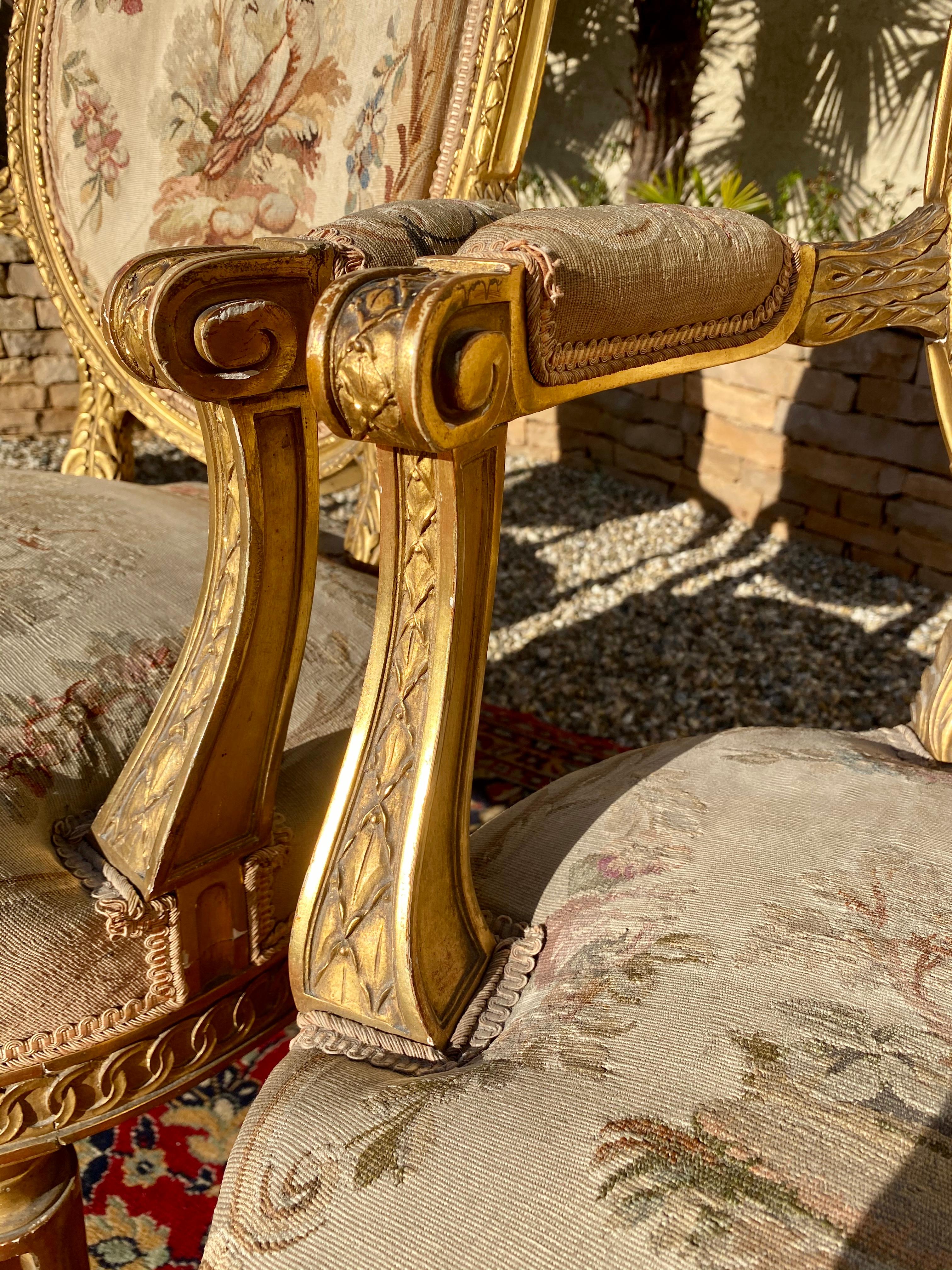 Aubusson, salotto in legno dorato stile Luigi XVI / Napoleone III, XIX secolo in vendita 8