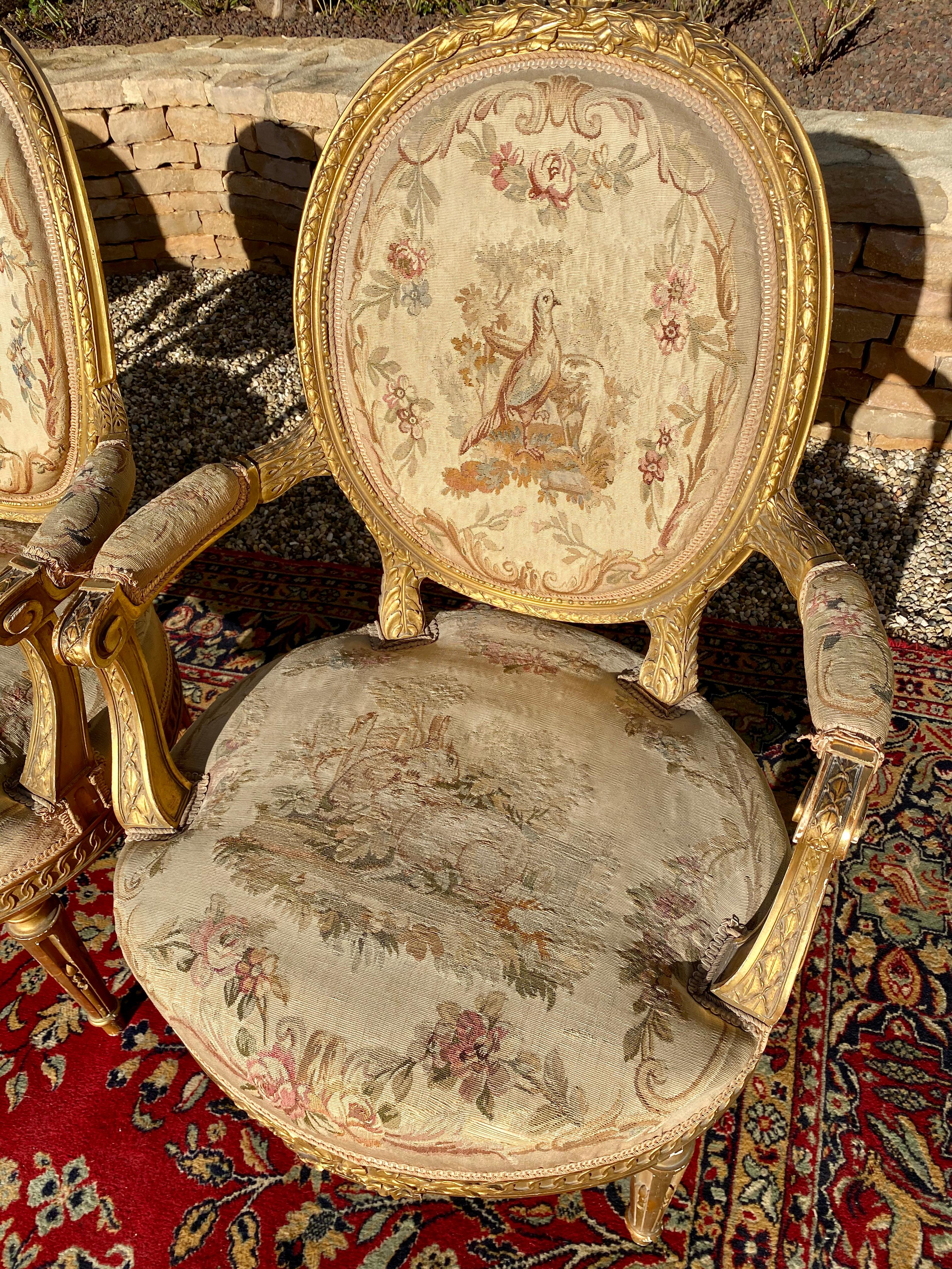Aubusson, salotto in legno dorato stile Luigi XVI / Napoleone III, XIX secolo in vendita 11
