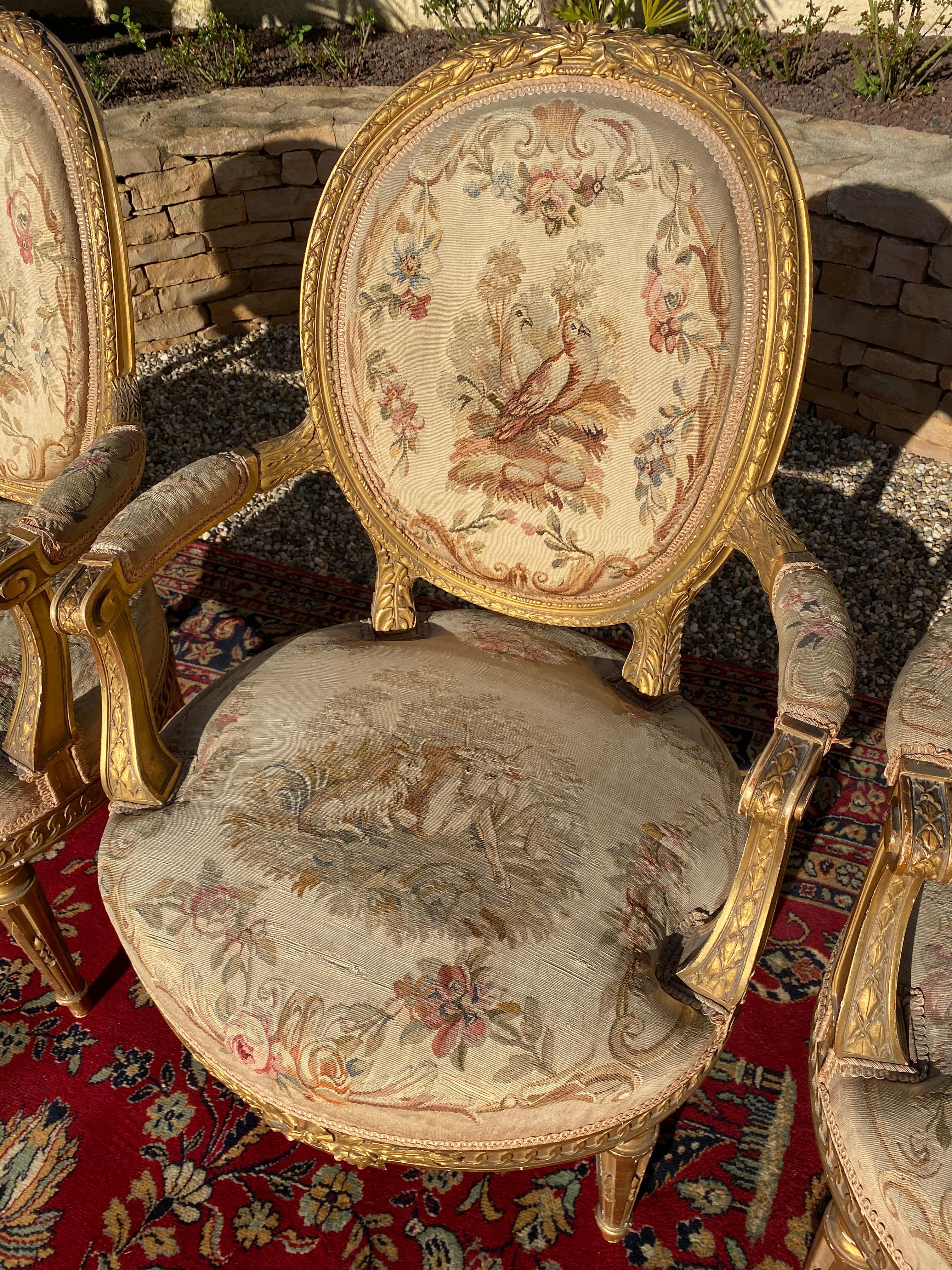 Aubusson, salotto in legno dorato stile Luigi XVI / Napoleone III, XIX secolo in vendita 13