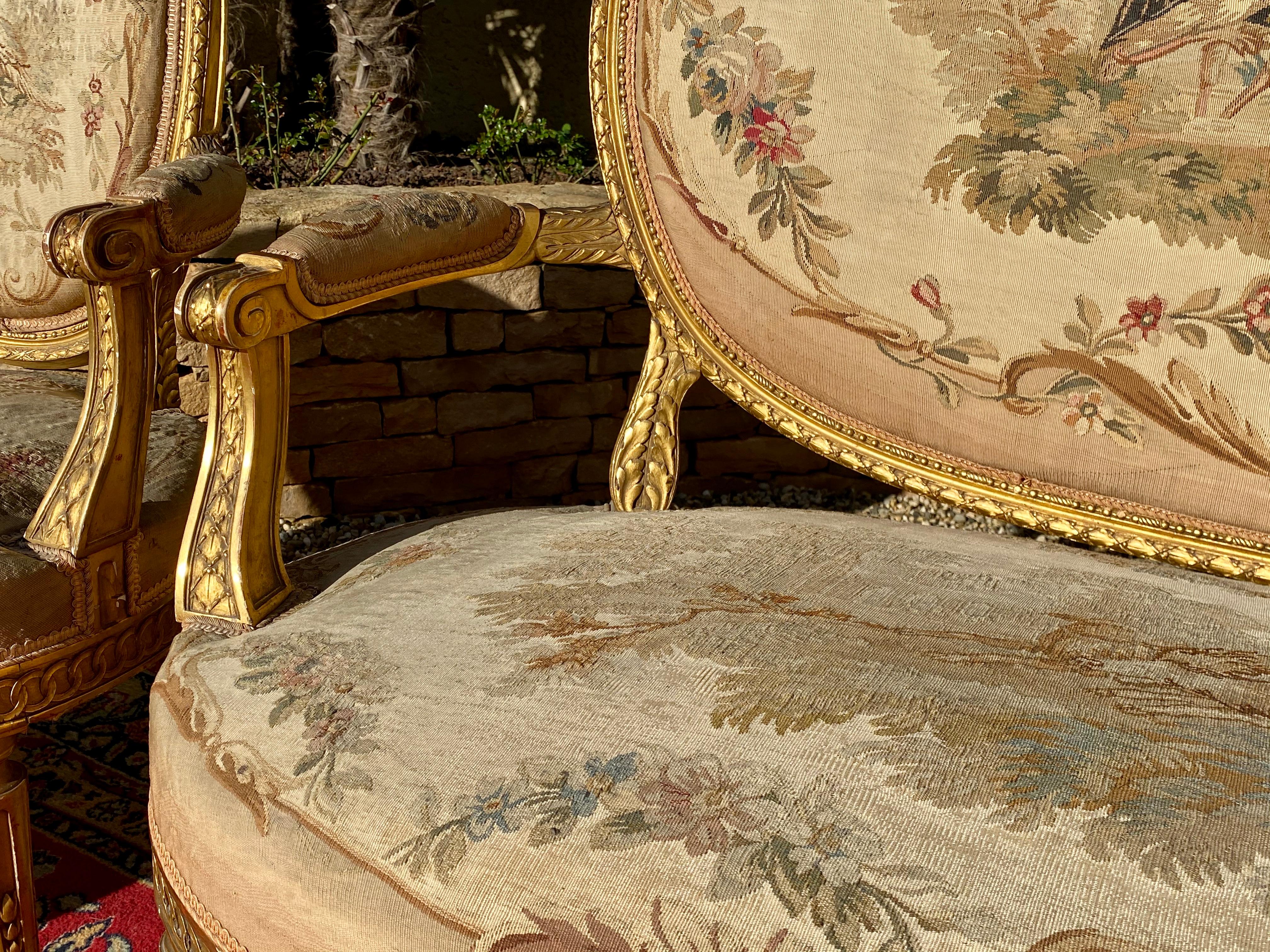 Aubusson, salotto in legno dorato stile Luigi XVI / Napoleone III, XIX secolo in vendita 1