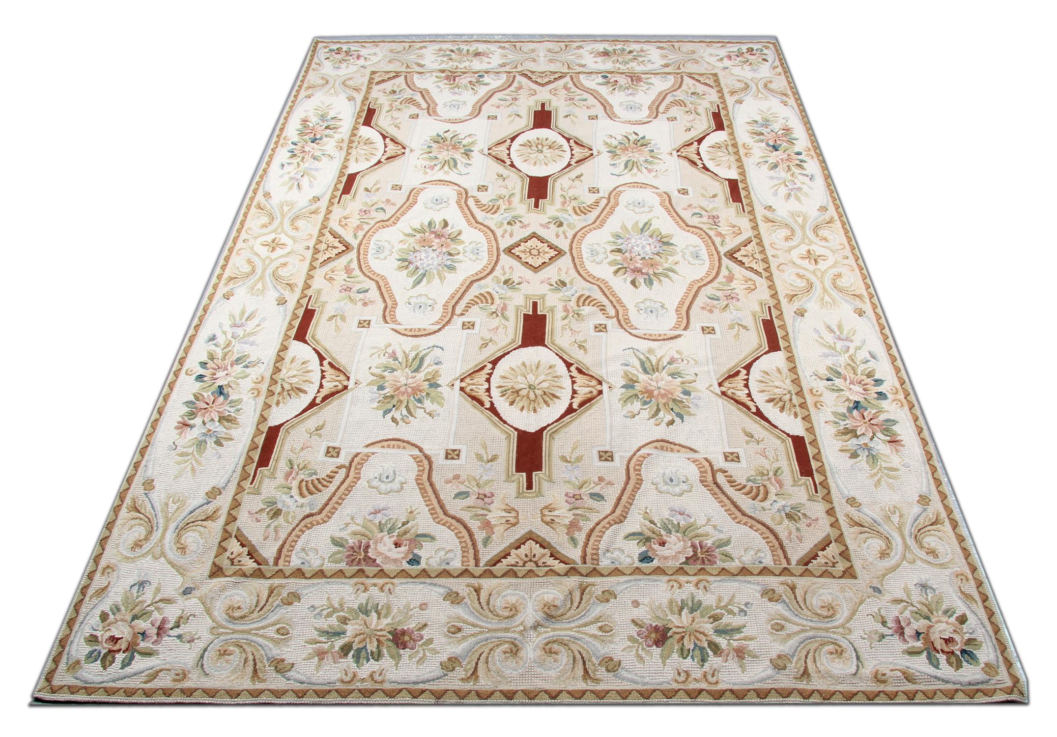 This unique handwoven needlepoint has been constructed with a fantastic color palette of ivory, brown, green and peach. The colors come together to create a beautiful symmetrical floral pattern, designed with sophistication for the perfect wall or