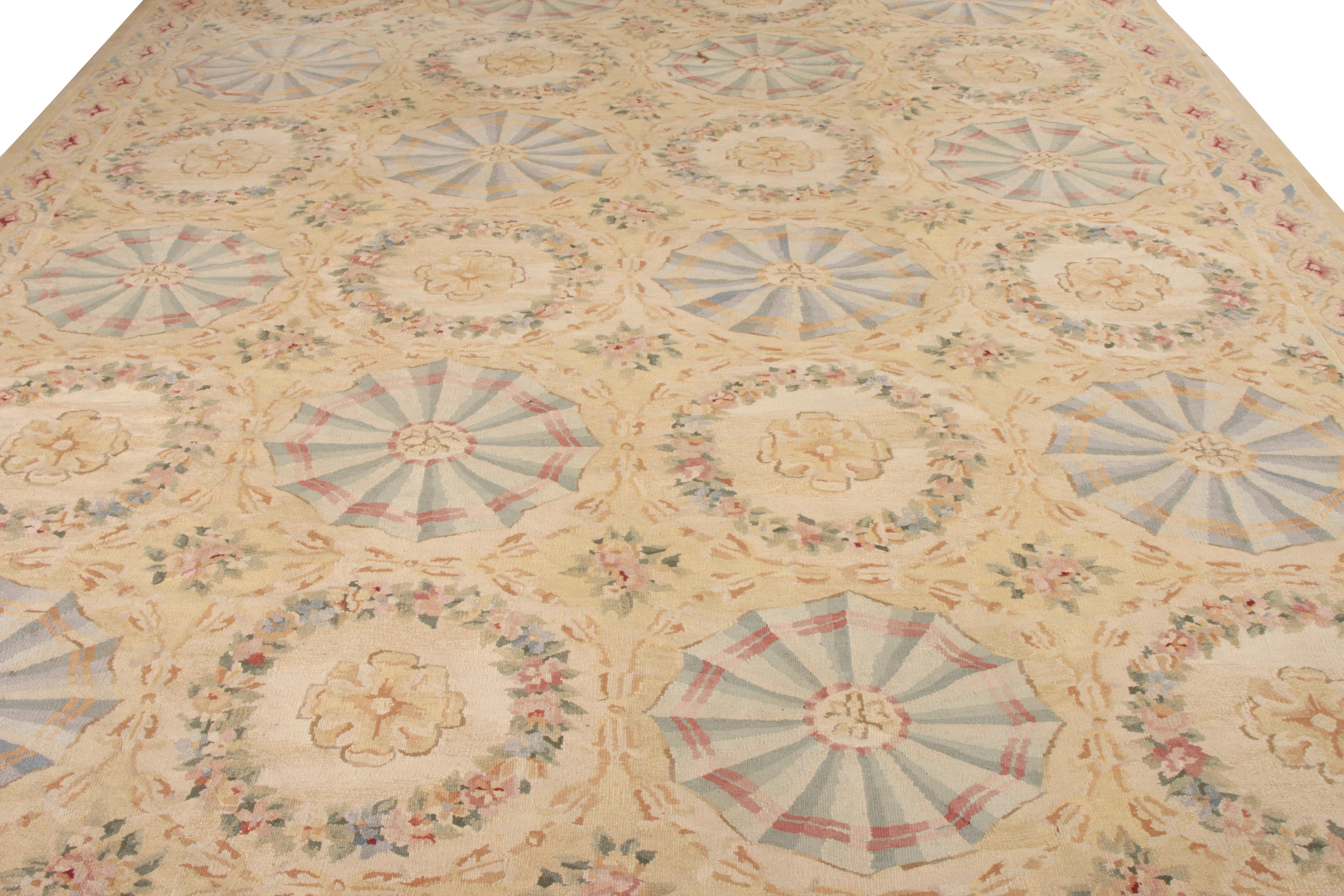 Chinese Rug & Kilim's Aubusson Style Flat-Weave Rug in Beige Gold Floral Pattern