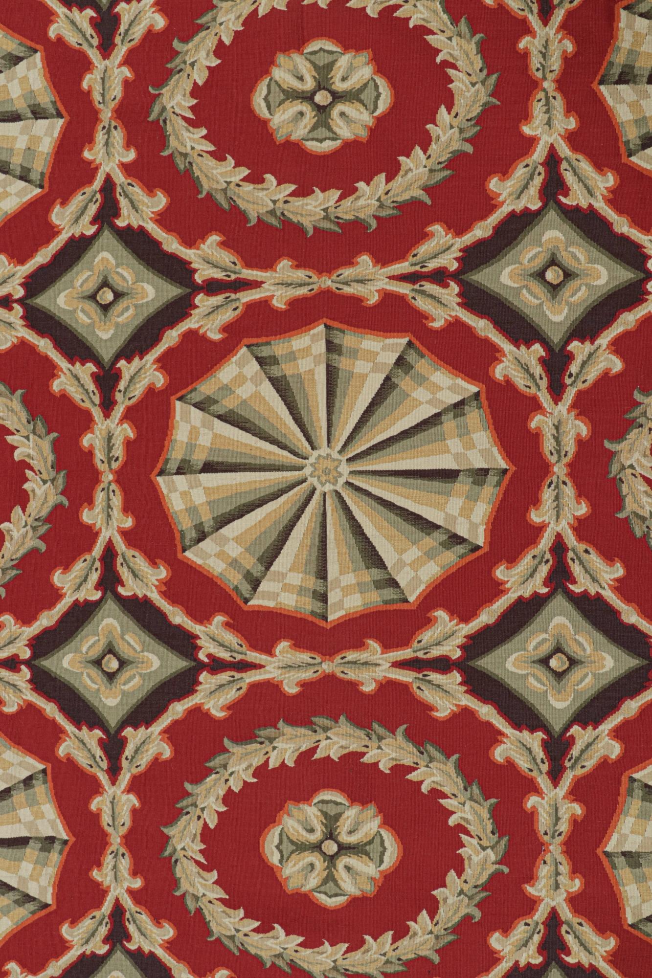Chinese Aubusson Style Flatweave in Red with Medallions and Floral Pattern For Sale