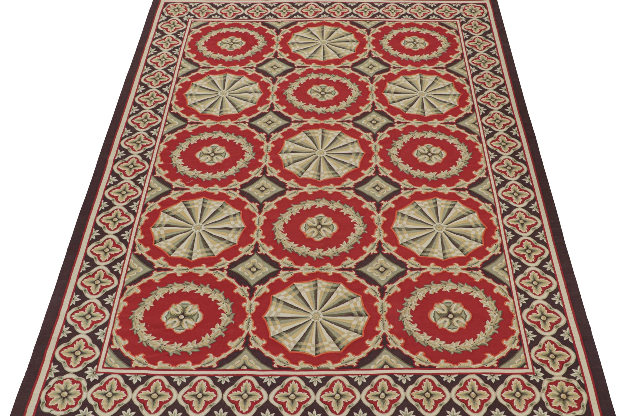 Flachgewebe im Aubusson-Stil in Rot mit Medaillons und Blumenmuster im Zustand „Neu“ im Angebot in Long Island City, NY