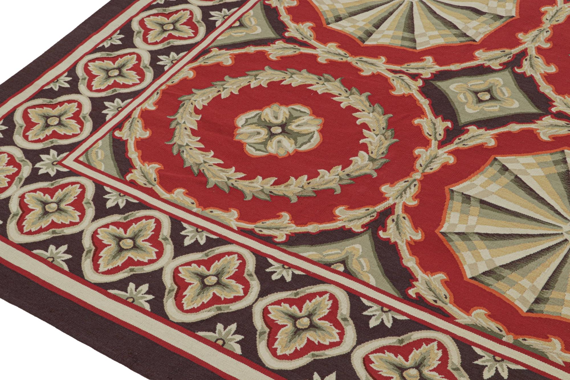 Contemporary Aubusson Style Flatweave in Red with Medallions and Floral Pattern For Sale