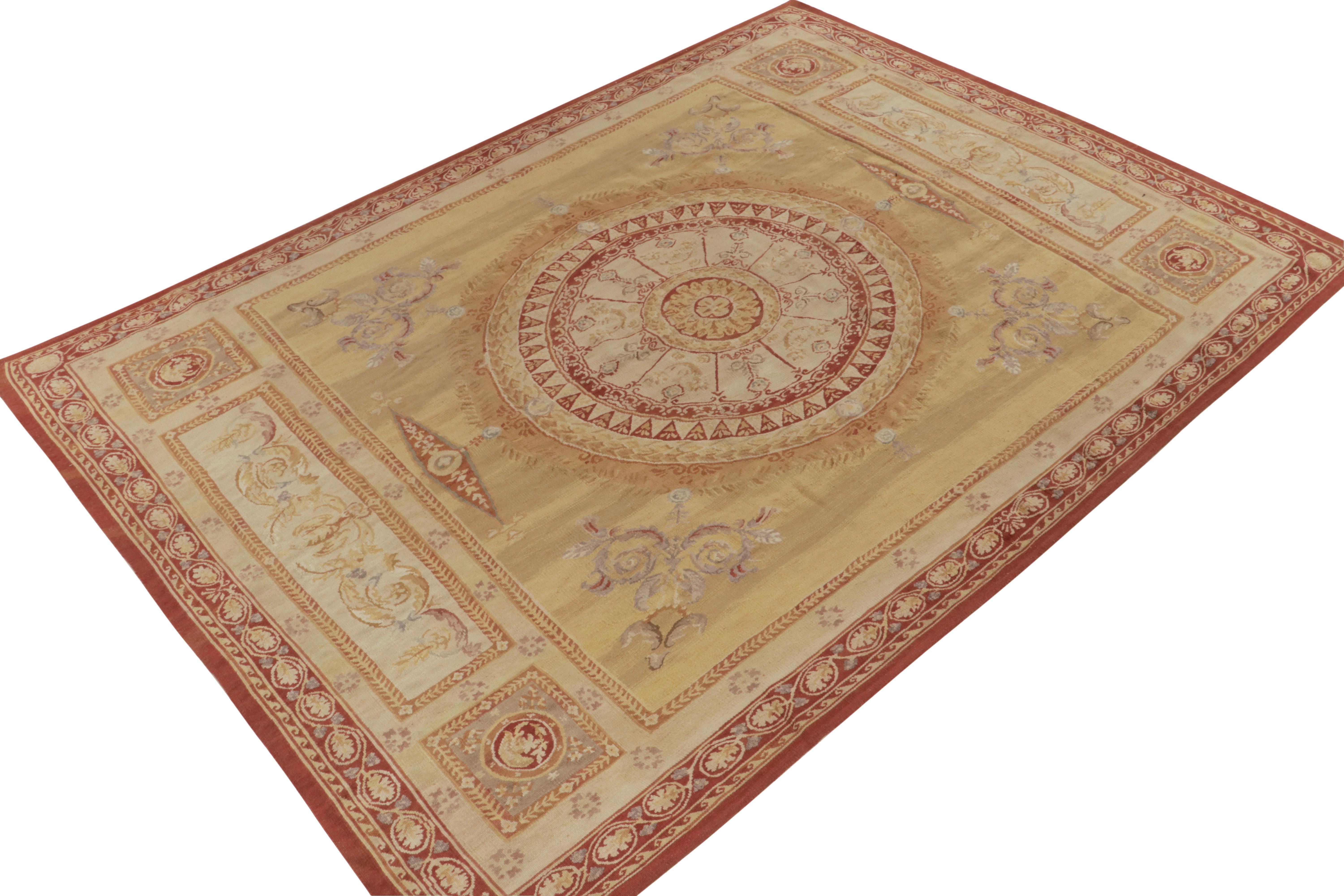 This 9x12 kilim rug from our European collection marks a modern take on 18th century Aubusson flatweave styles among our principal’s favorite curations. Handwoven in wool, the warm red accent sits comfortably with beige-brown, gold and gray-blue
