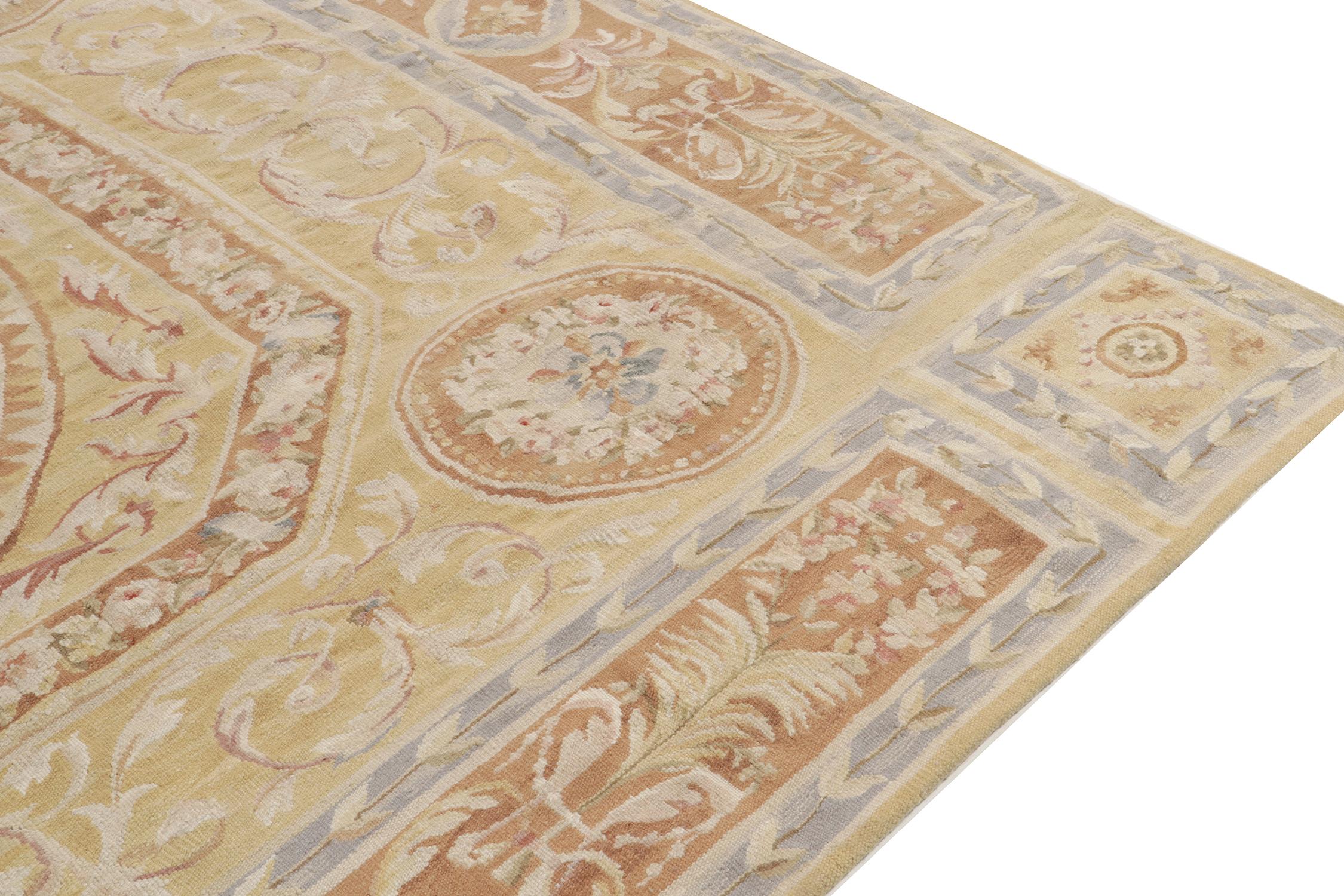 Hand-Knotted Rug & Kilim's Aubusson Style Flatweave Rug in Gold, Beige-Brown & Blue Florals For Sale