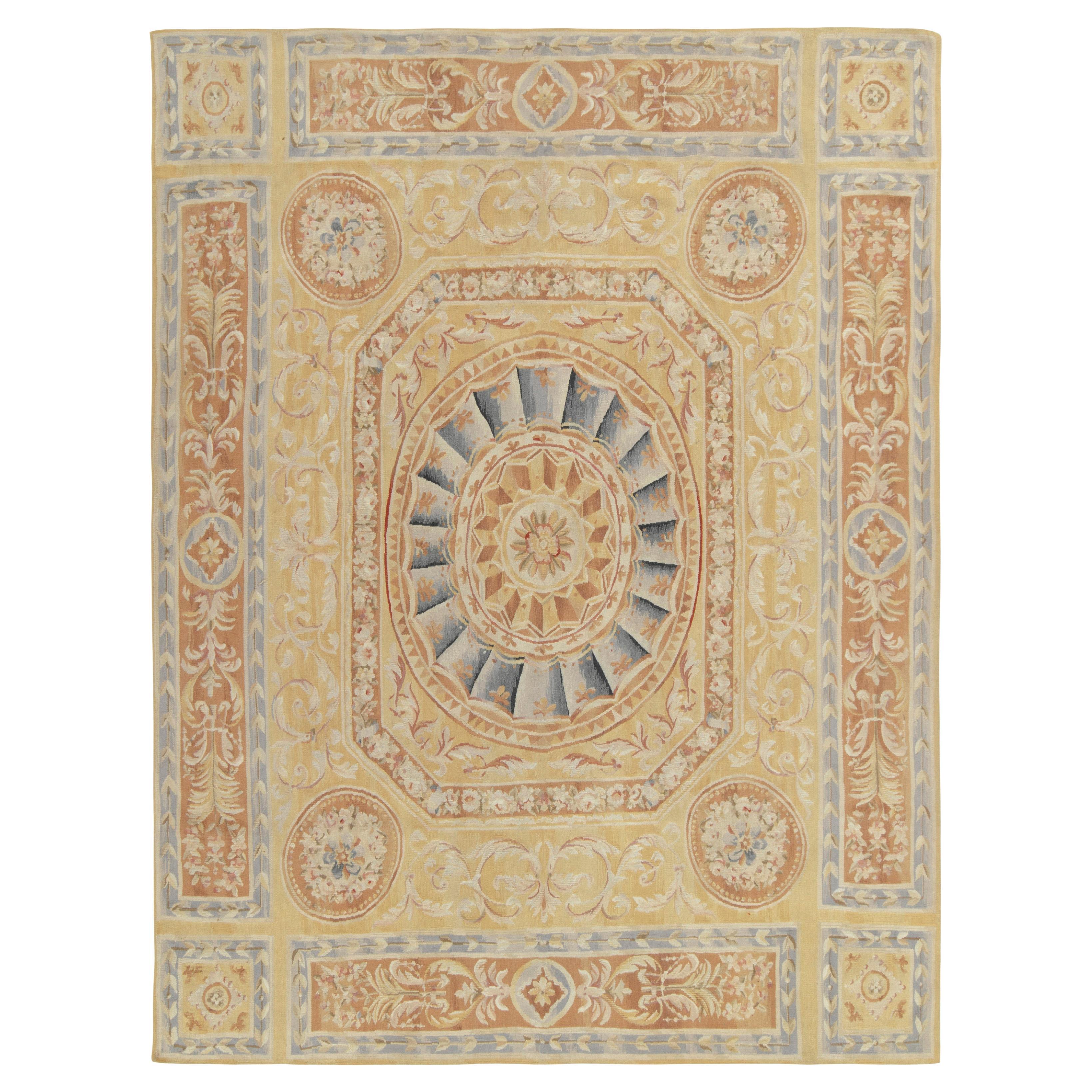 Rug & Kilim's Aubusson Style Flatweave Rug in Gold, Beige-Brown & Blue Florals For Sale