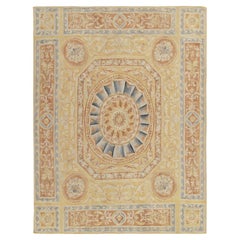 Aubusson Style Flatweave Rug in Gold, Beige-Brown & Blue Florals by Rug & Kilim