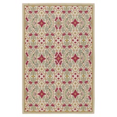 Vintage Aubusson Style Flatweave with Green and Red Floral Patterns