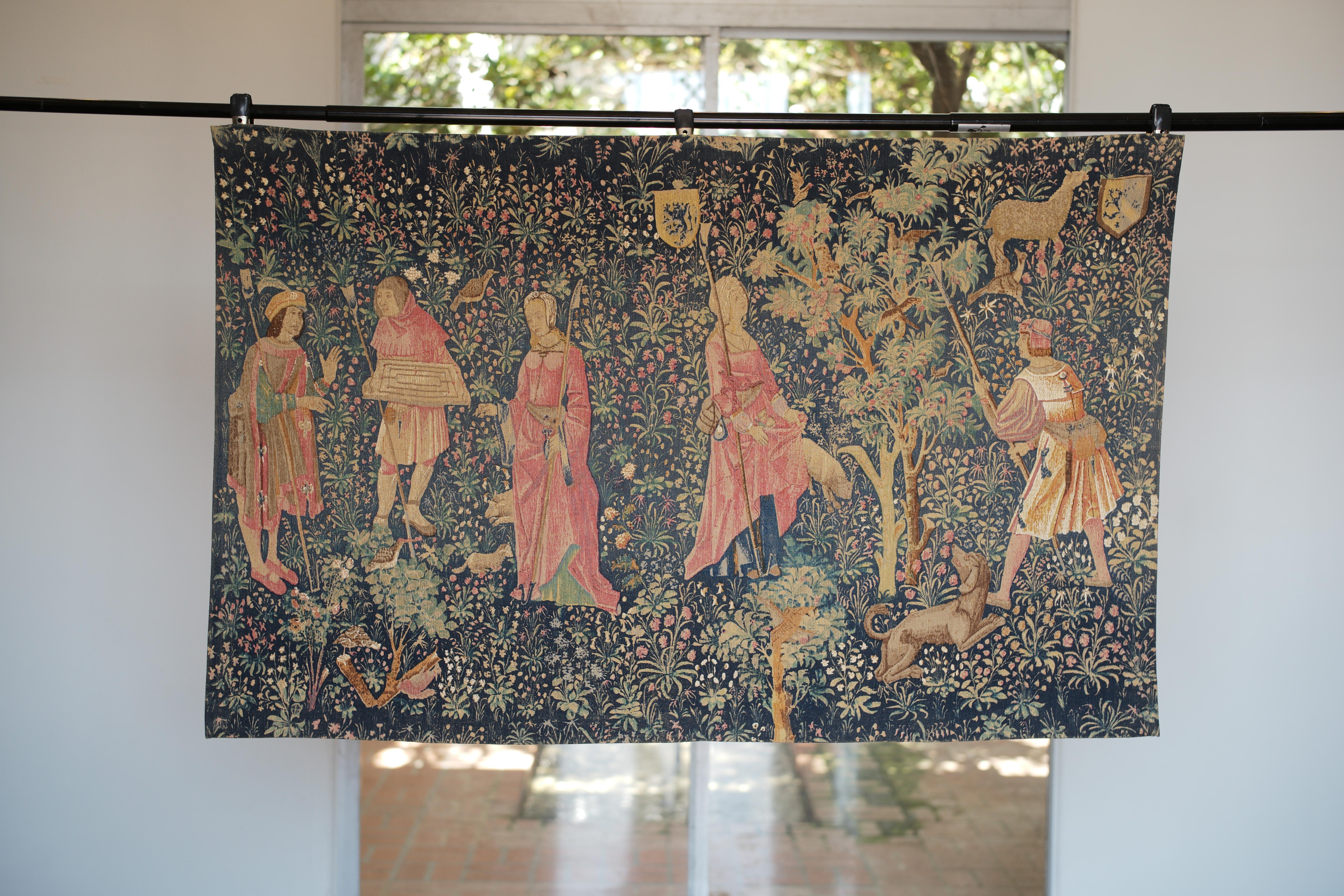 This magnificent French Vintage Aubusson Style Tapestry, edited by Art de Rambouillet Atelier and inspired by Thomas Bohier, chamberlain of France, who built the Chenonceau castle, depicting figures wearing Italian style clothing who were brought to