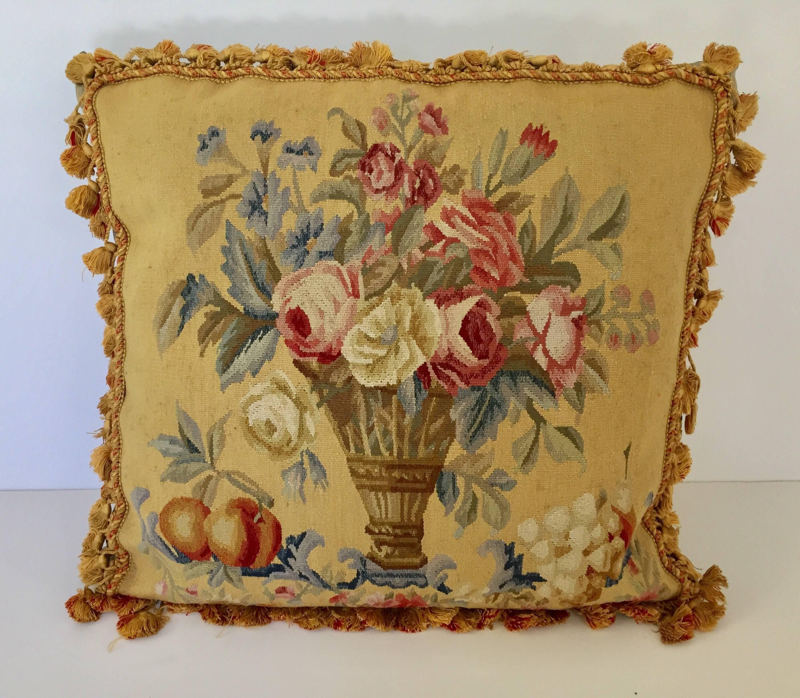 Large decorative French Aubusson style tapestry pillow backed with silk velvet.
Beautiful vintage French Provincial pillow with Aubusson style roses and decorative floral bouquet.
Needlepoint tapestry pillow with decorative bouquet of French roses