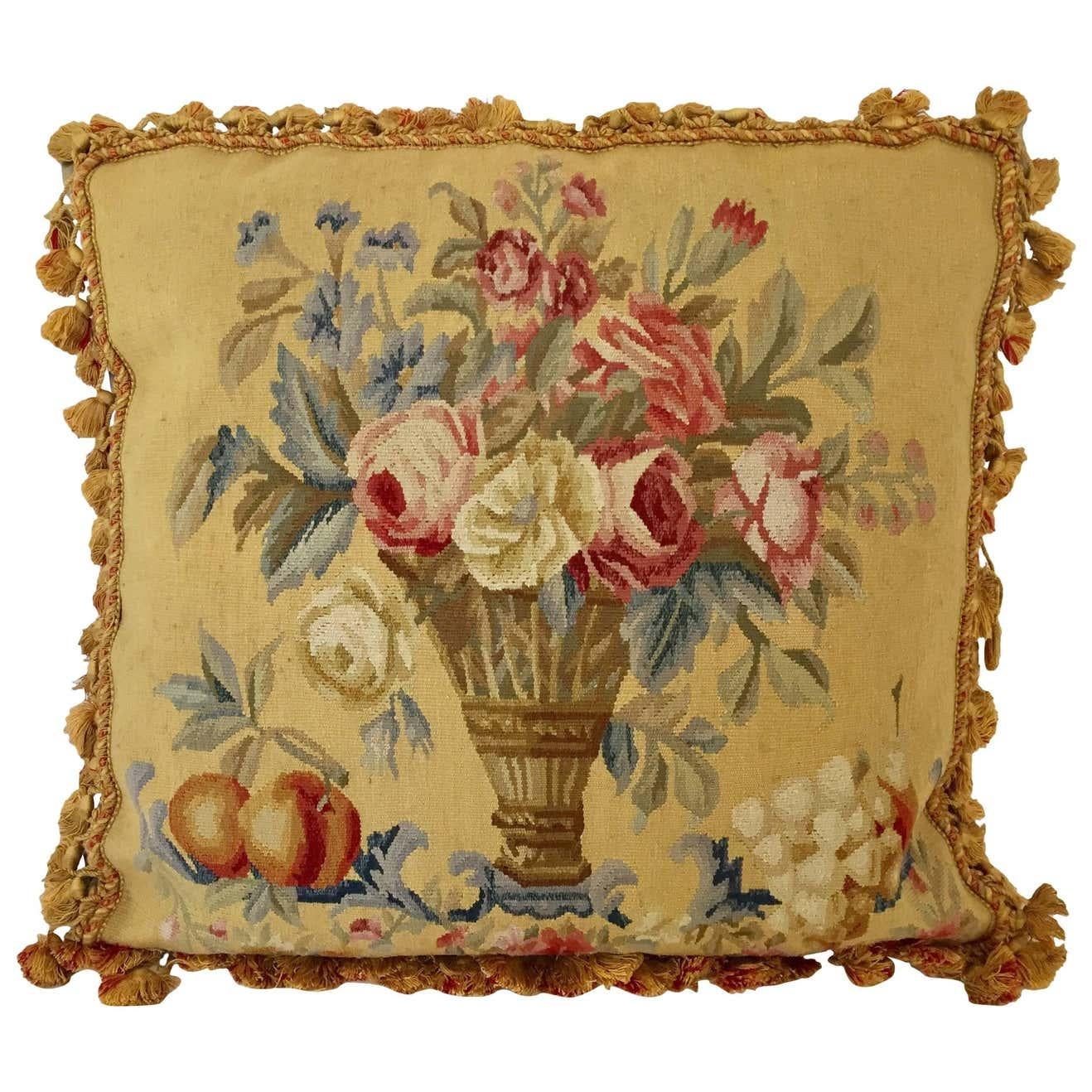 Large decorative French Aubusson style tapestry pillow backed with silk velvet.
Beautiful vintage French Provincial pillow with Aubusson style roses and decorative floral bouquet.
Needlepoint tapestry pillow with decorative bouquet of French roses
