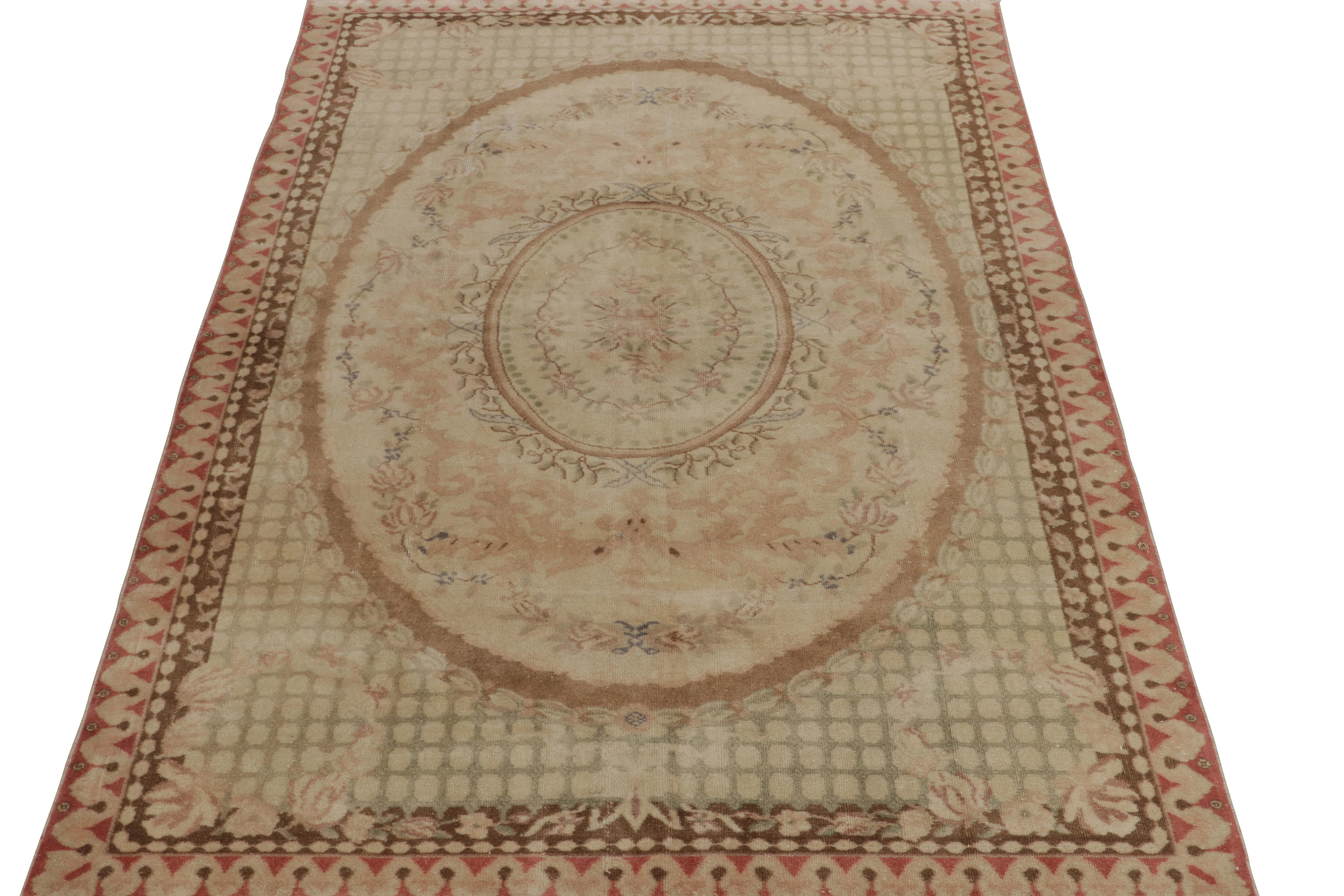 Turkish Aubusson style Vintage rug in Beige-Brown Florals, Medallion by Rug & Kilim For Sale