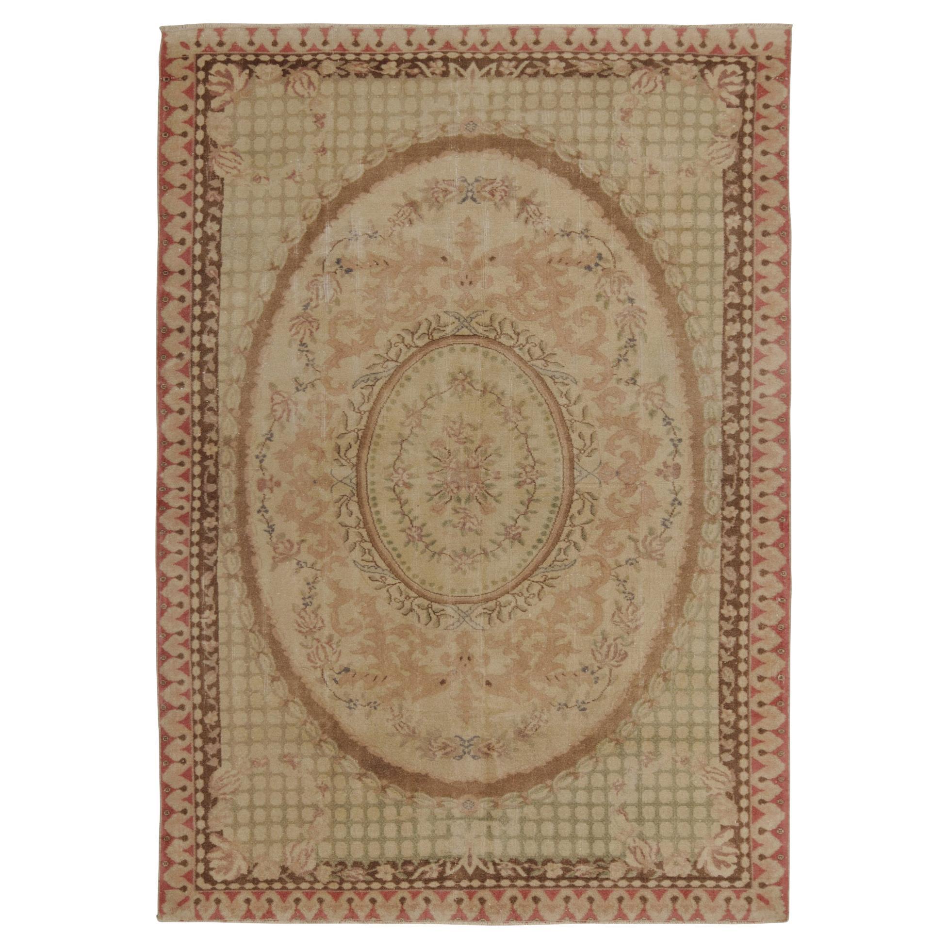 Aubusson style Vintage rug in Beige-Brown Florals, Medallion by Rug & Kilim For Sale