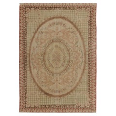 Aubusson Style Vintage Rug in Pink, Green & Beige-Brown Florals, Medallion Style