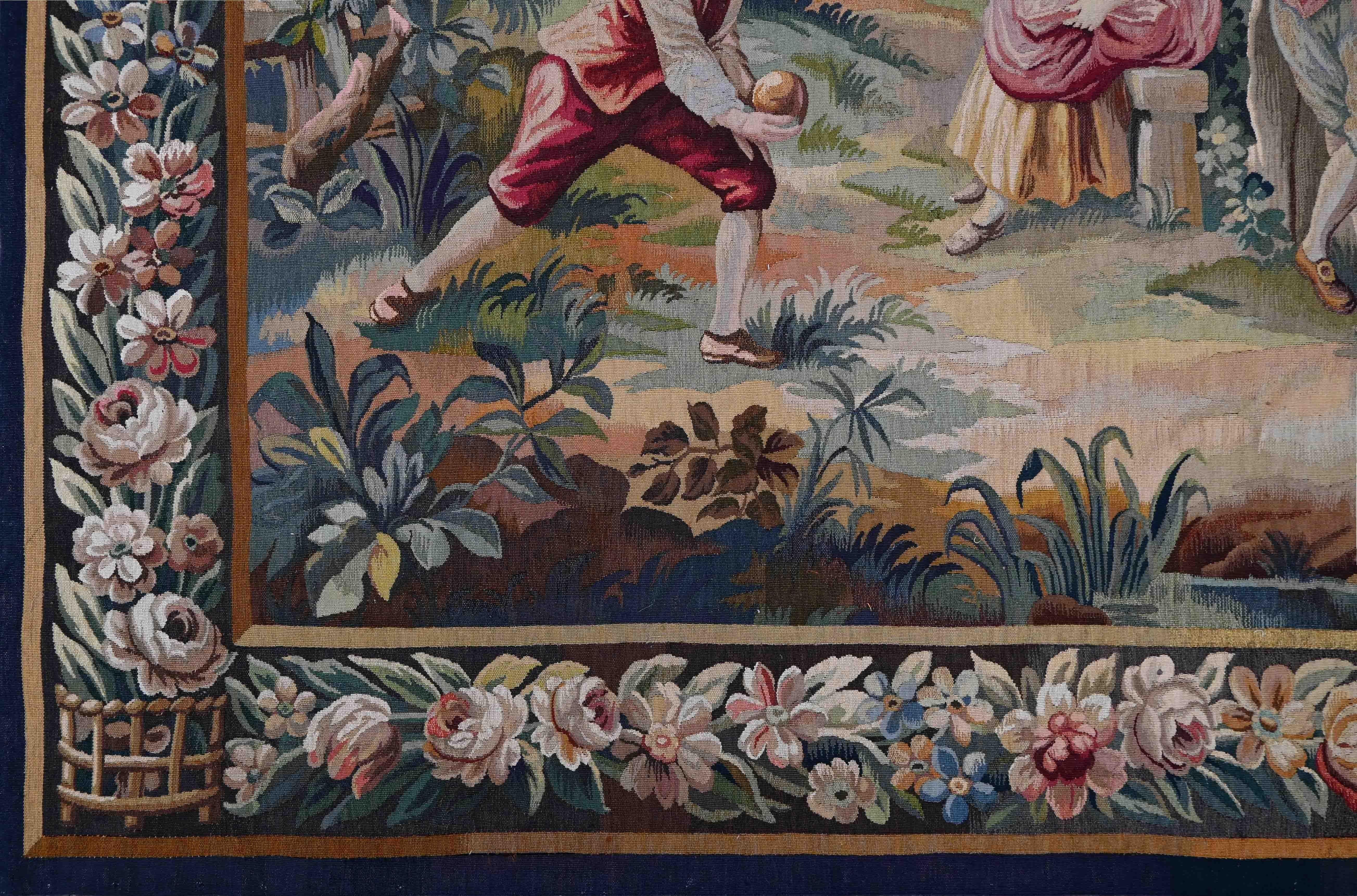 Hand-Woven Aubusson tapestry 19th century petanque game scene - N° 1332 For Sale