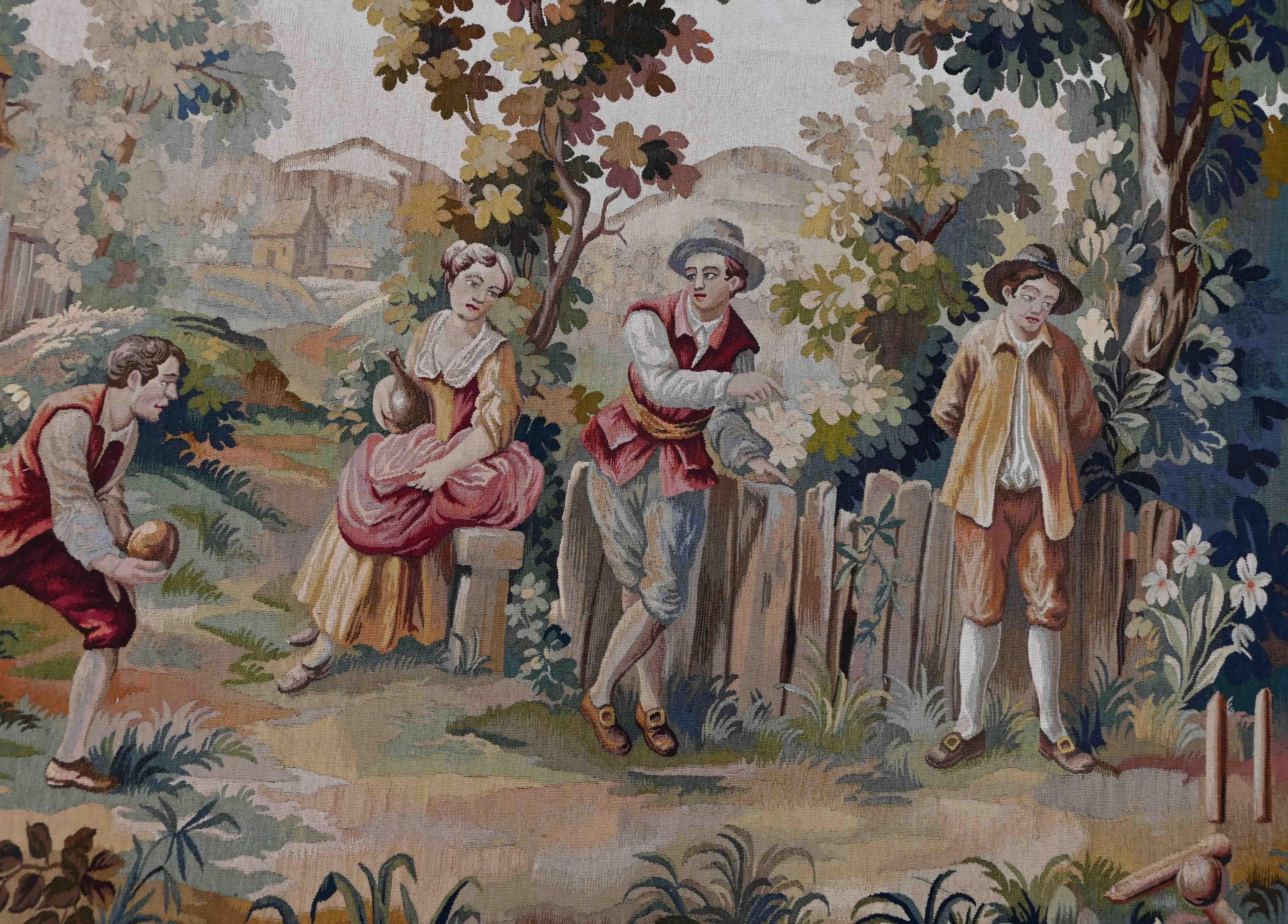 Wool Aubusson tapestry 19th century petanque game scene - N° 1332 For Sale